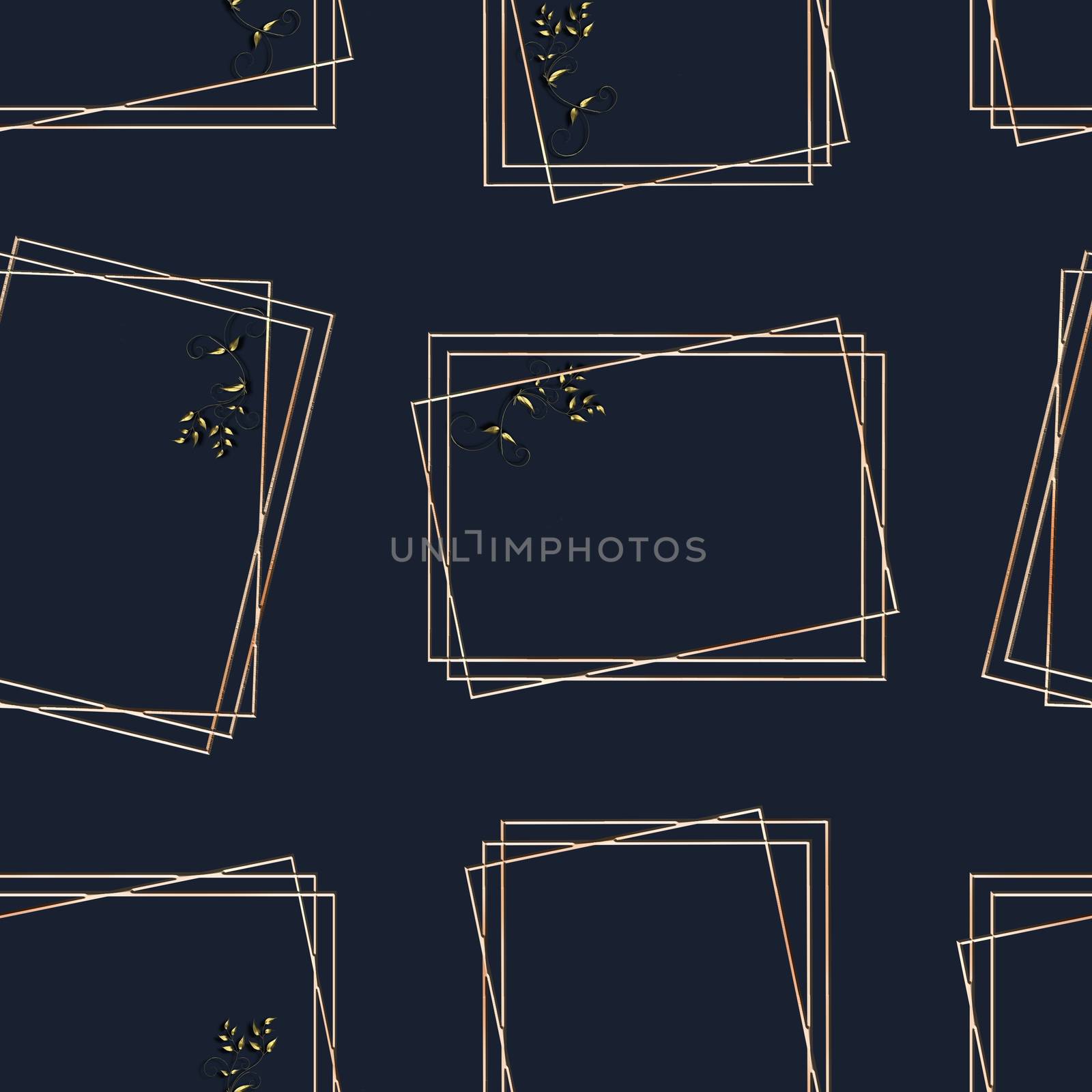 Gold frames as seamless pattern on dark blue background. 3D render. For print, wrapping package gift box