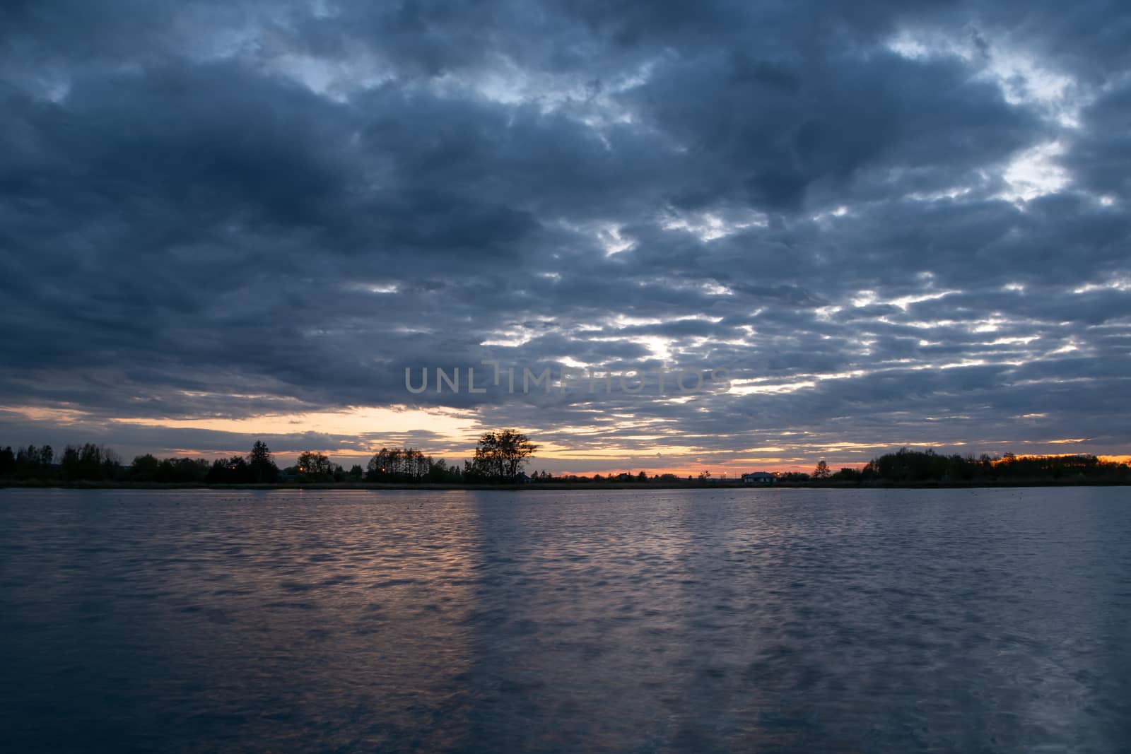 View of the lake and clouds after sunset, long exposure time
