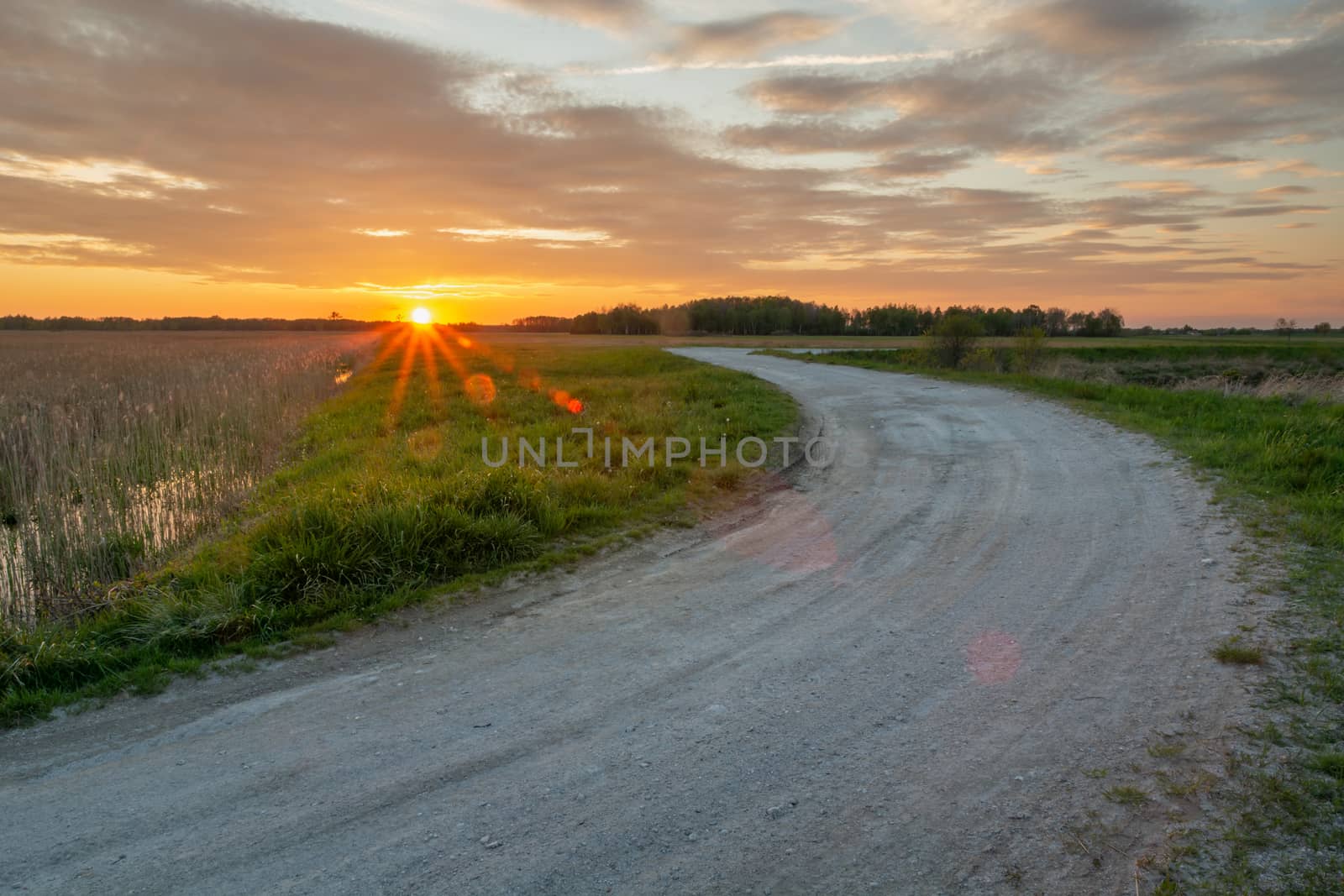 The glow of the setting sun and a turn on a gravel road, spring evening view