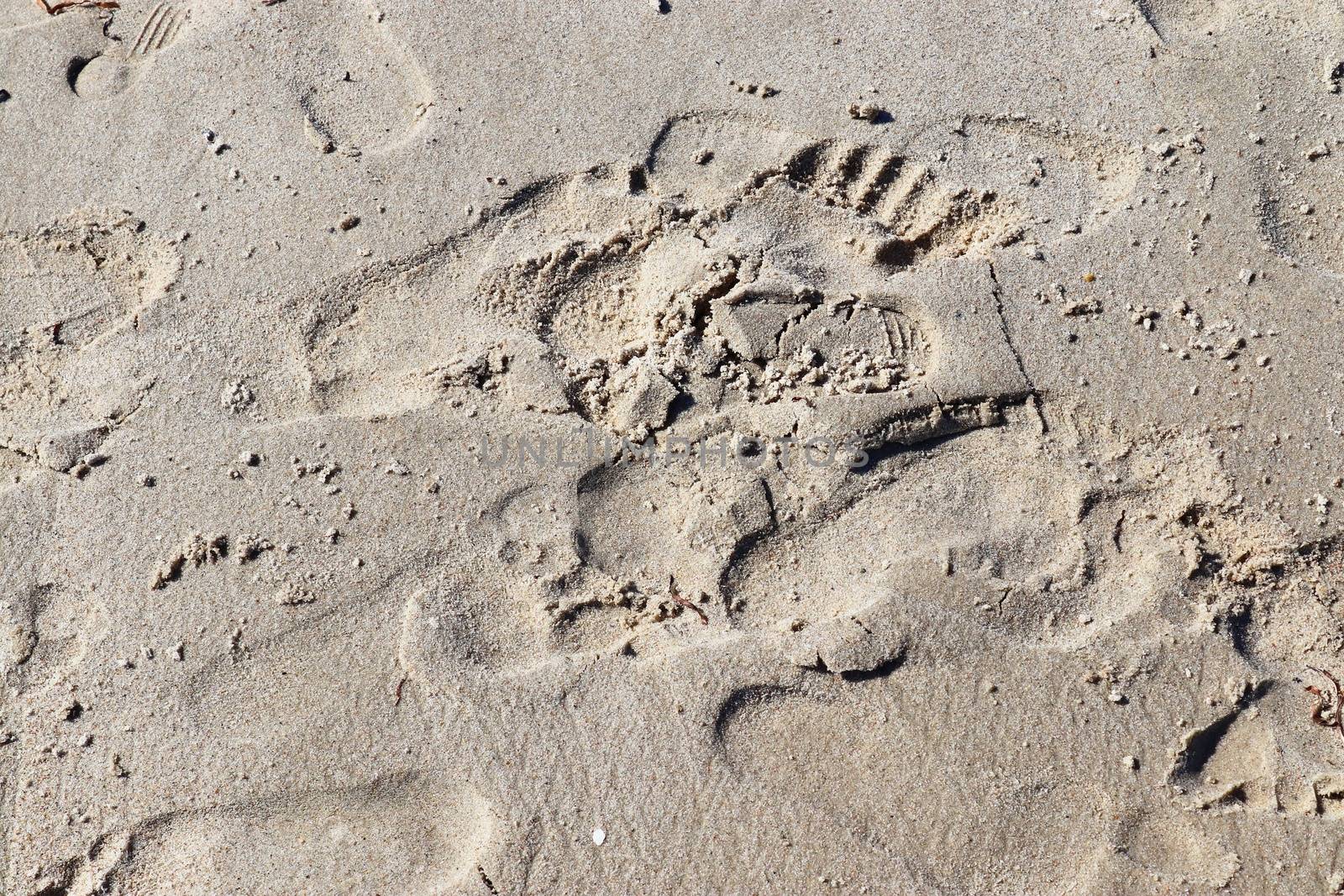 Beautiful detailed footprints in the sand of a beach during summer. Copy space background.