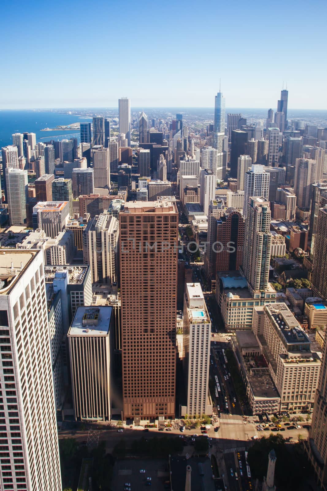 The expansive Chicago skyline on a hot clear summer day in Illinois, USA