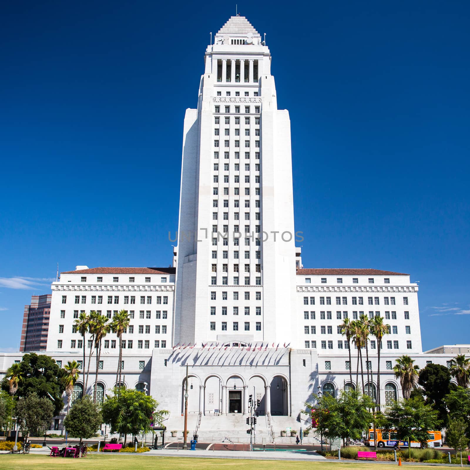 Los Angeles City Hall on a clear hot summer's day in Los Angeles, California, USA