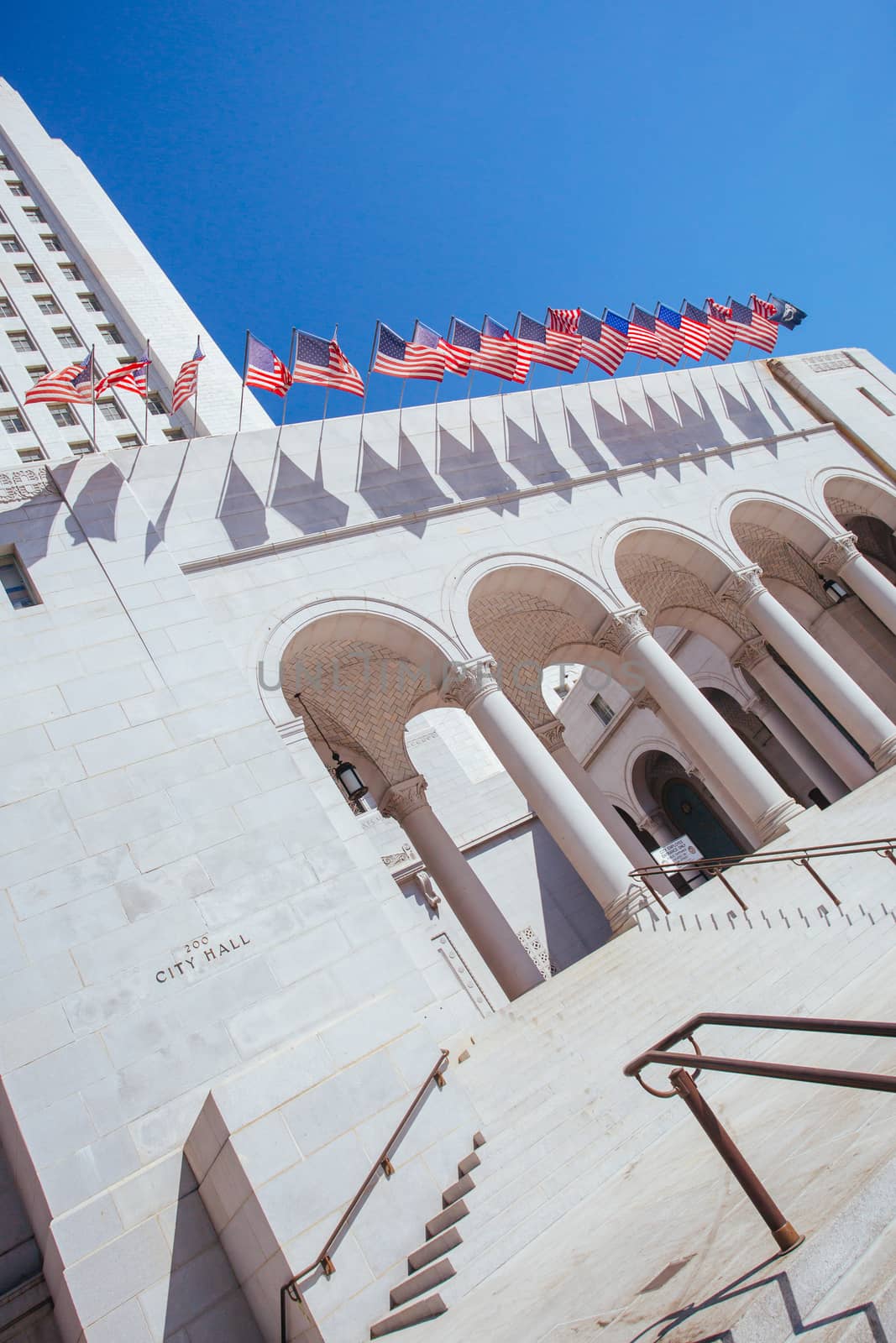 Los Angeles City Hall on a clear hot summer's day in Los Angeles, California, USA