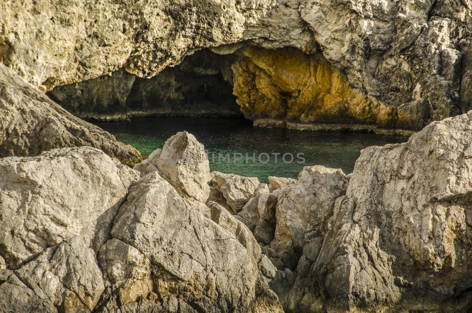 Entrance and interior of cave in the Ionian sea zakynthos island