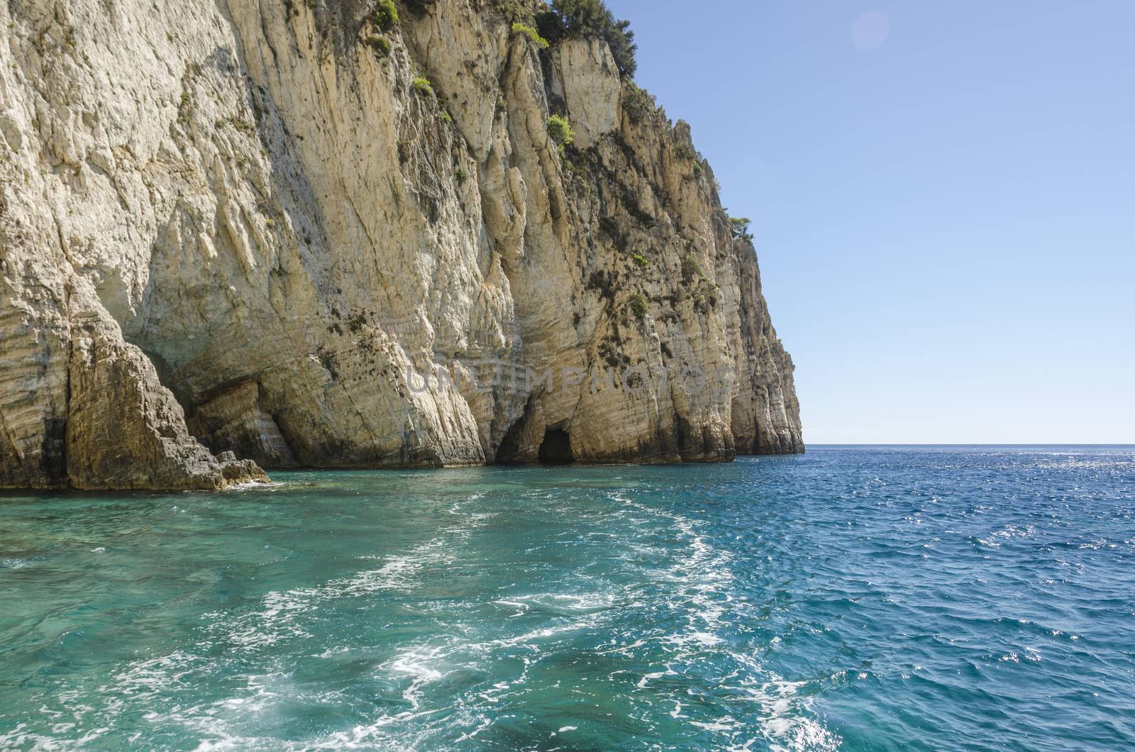 panoramic view of the reefs with their maritime caves in the waters of the Ionian sea on the shores of the island of zakynthos
