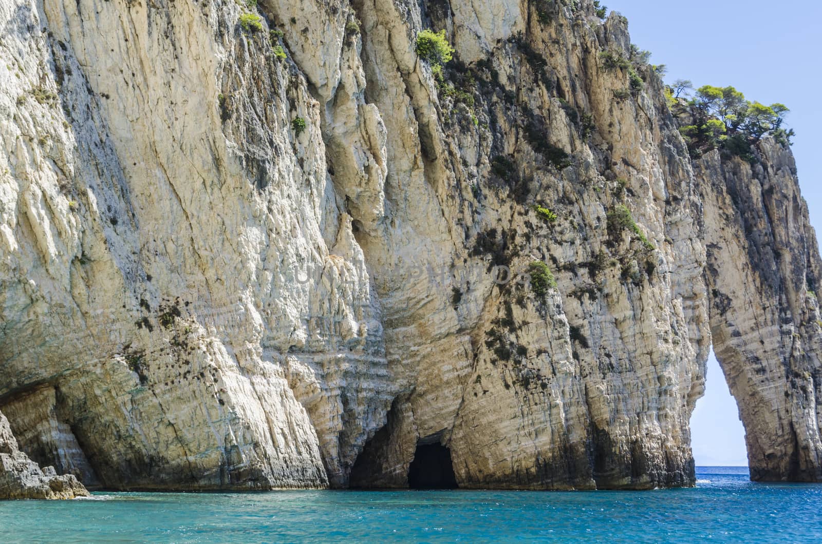 reefs caves and openings pierced by the clear waters of the Ionian sea on the coast of the island of zakynthos