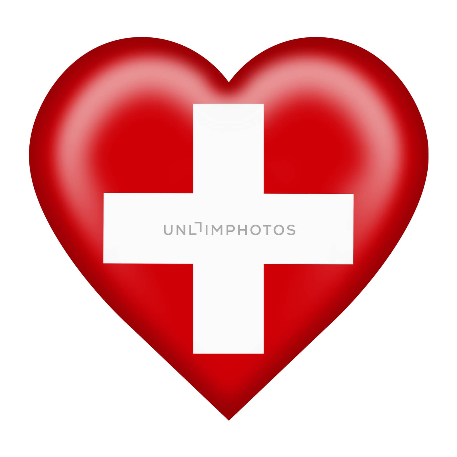 A Switzerland flag heart button isolated on white with clipping path 3d illustration