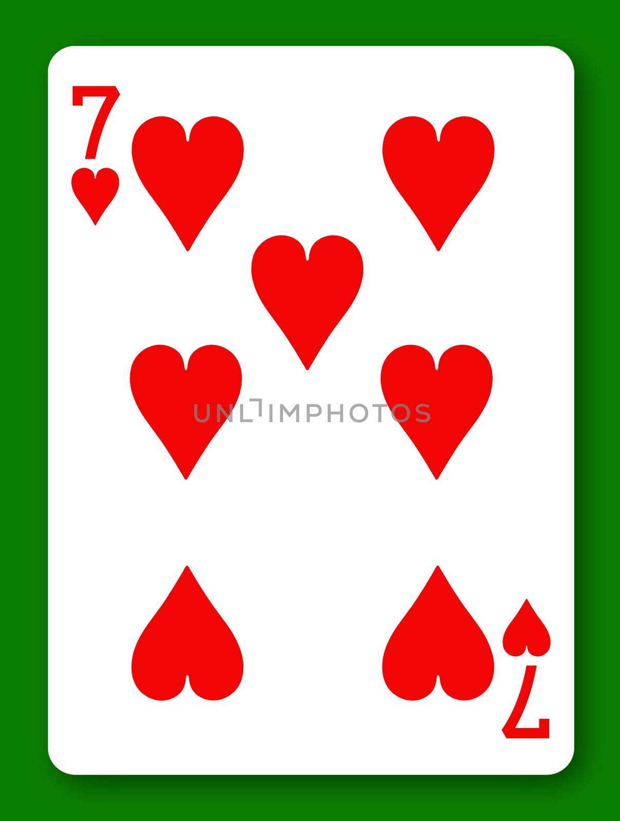 A 7 Seven of Hearts playing card with clipping path to remove background and shadow