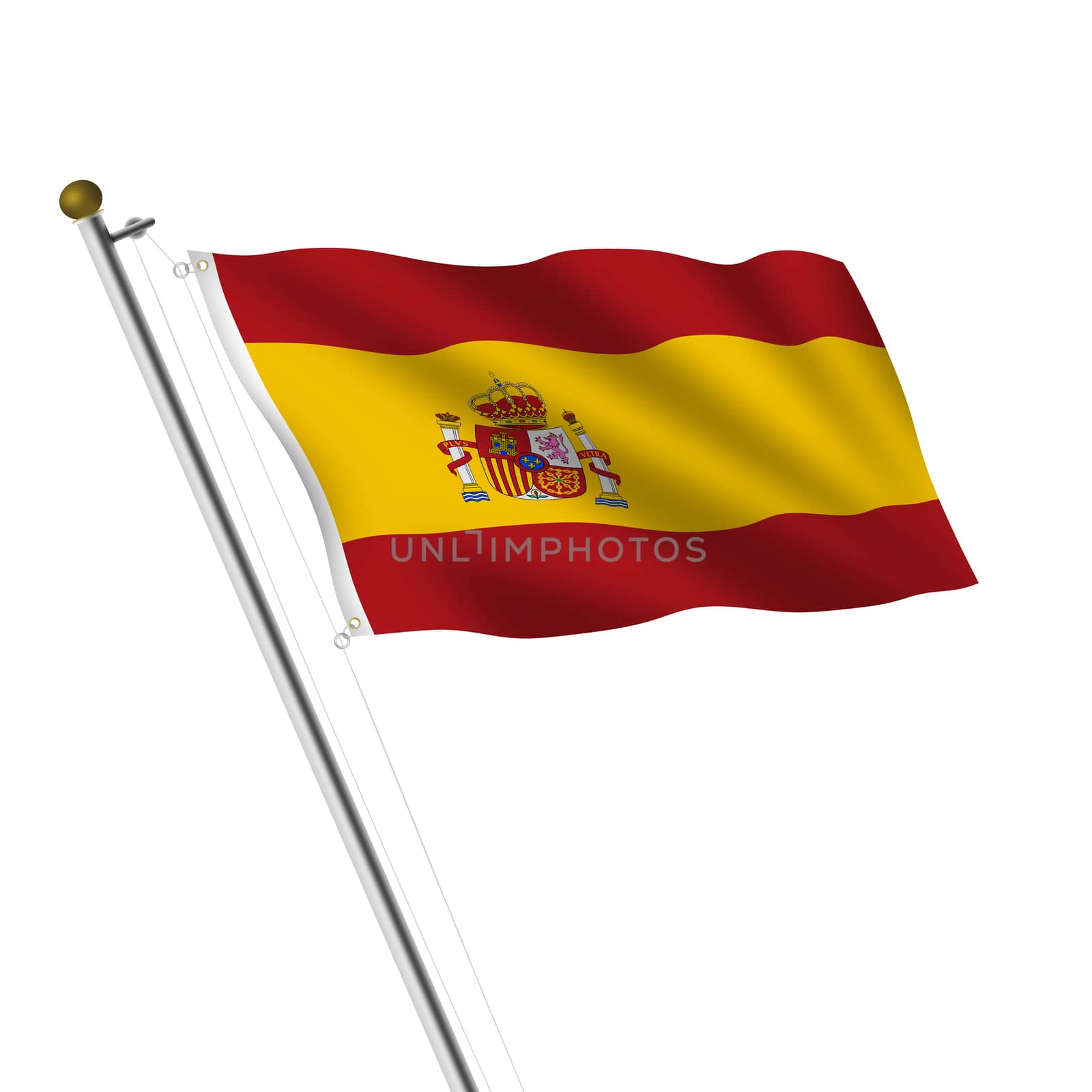 A Spain Flagpole 3d illustration on white with clipping path