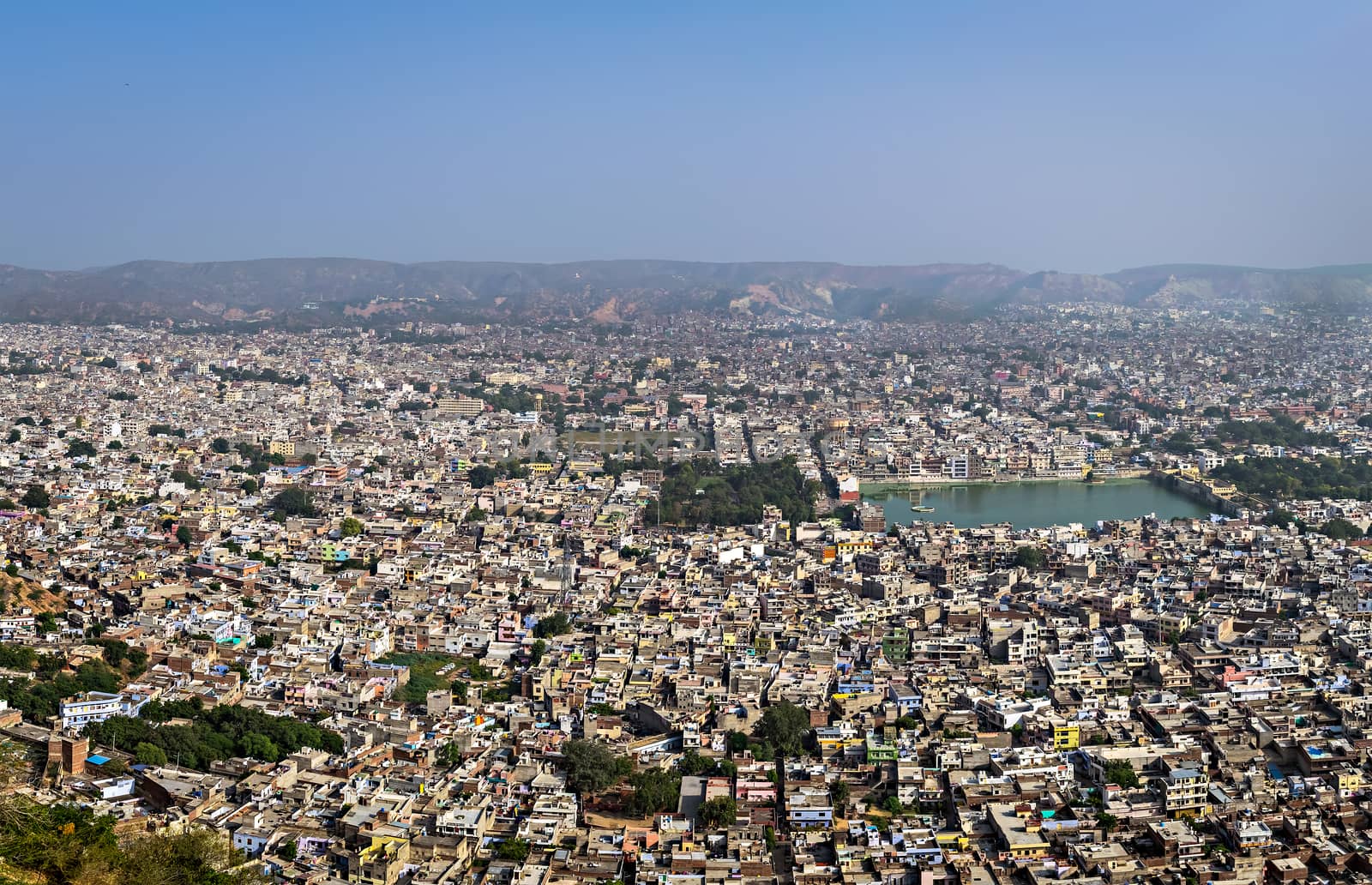 Ariel view of densely crowded houses in Jaipur city in Uttar Pradesh, India. by lalam