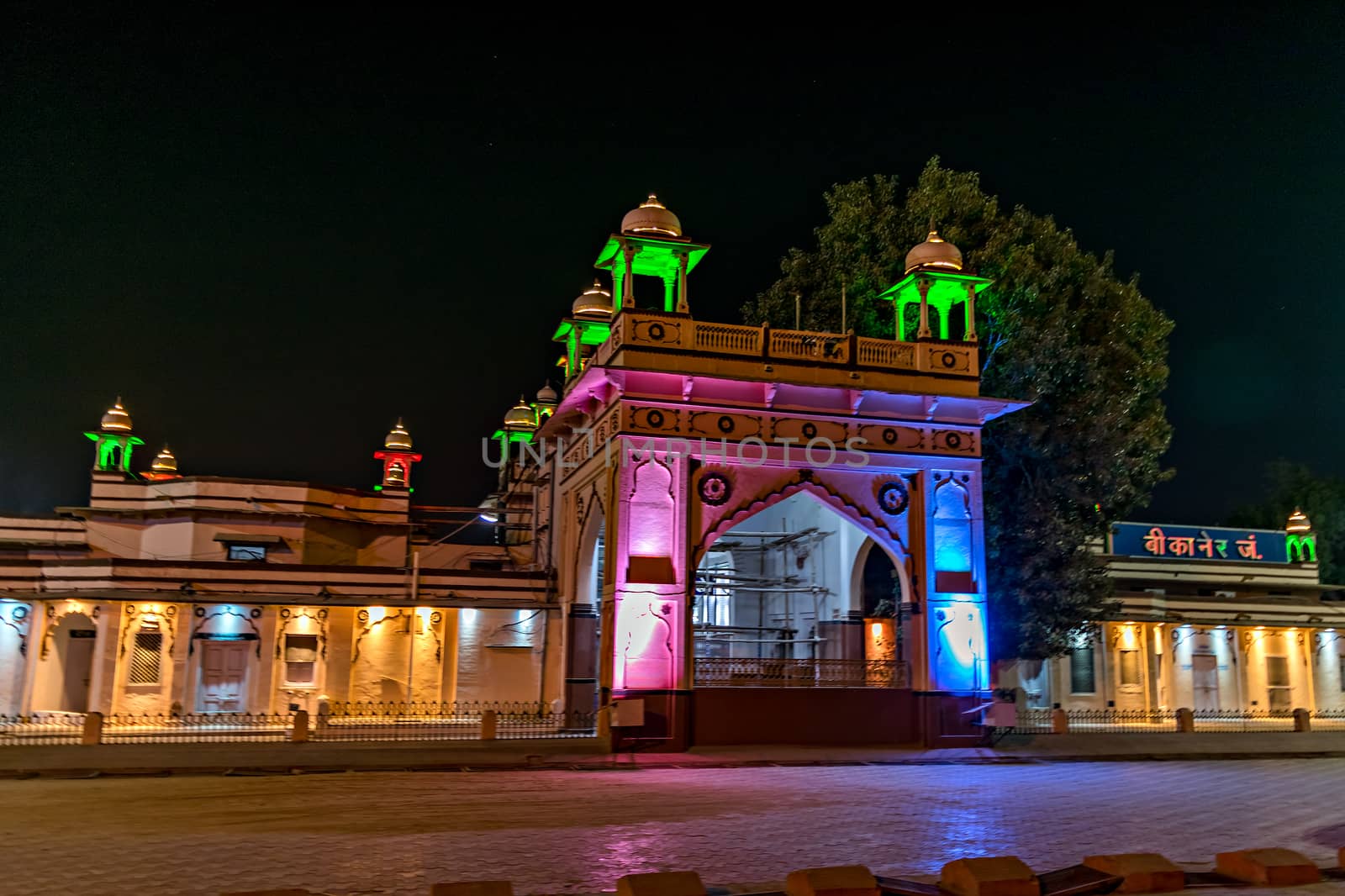 Colorful night lighting done on entrance of railway station in Bikaner, Rajstan,India. by lalam
