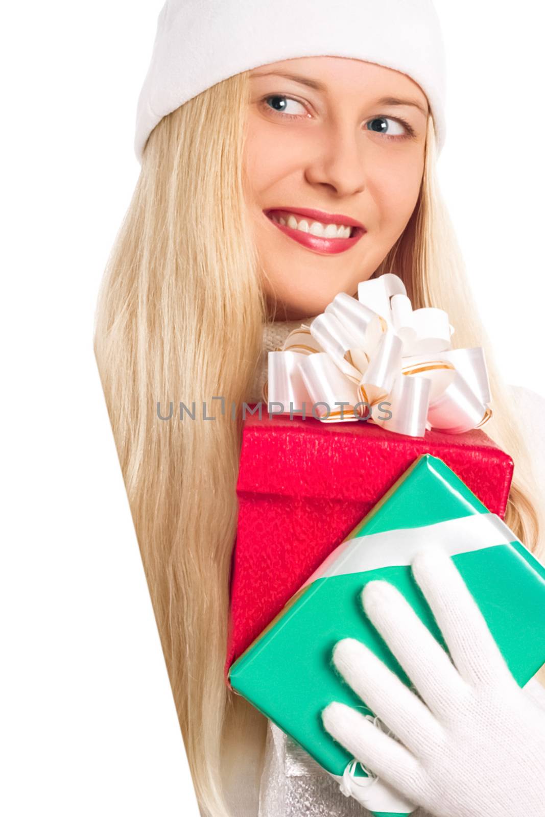 Young blonde girl with gift boxes in Christmas, woman and presents in winter season for shopping sale and holiday brand by Anneleven