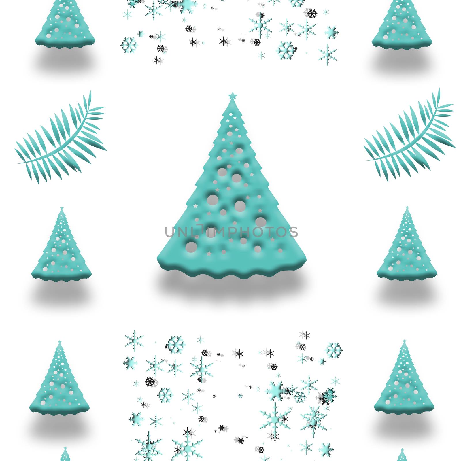 Christmas tree seamless pattern. Seamless pattern with turquoise blue gift boxes, snowflakes in 3D render. Print, wrapping package gift box