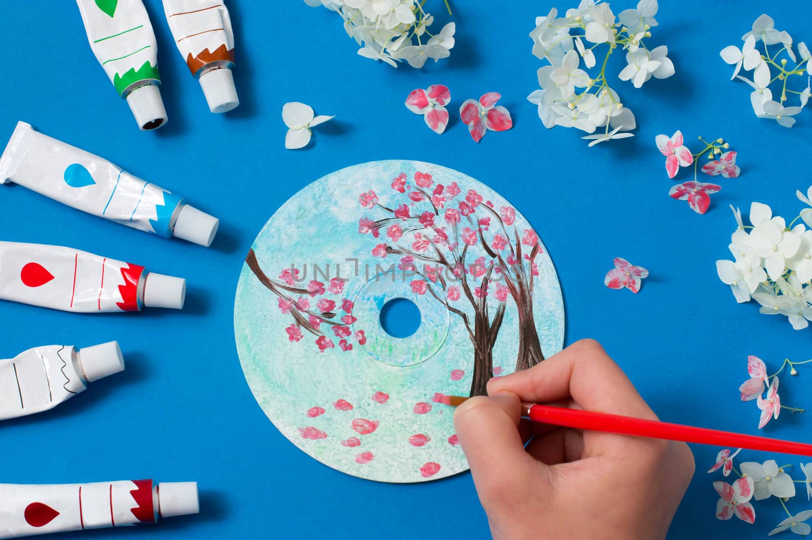 Painting spring landscape on CD  by 13-Smile