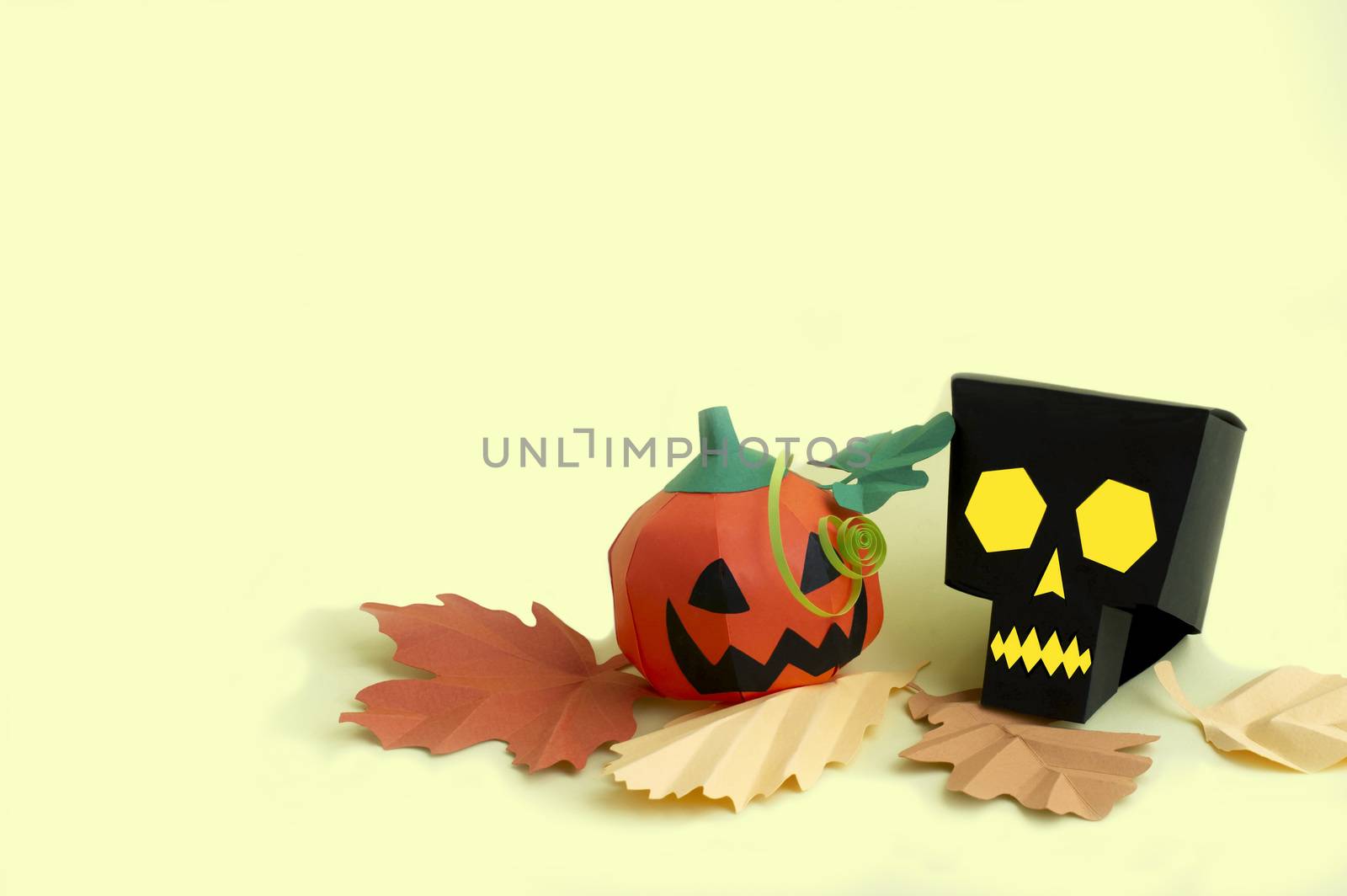 Paper skull and Jack-o-lantern with autumn leaves  by 13-Smile