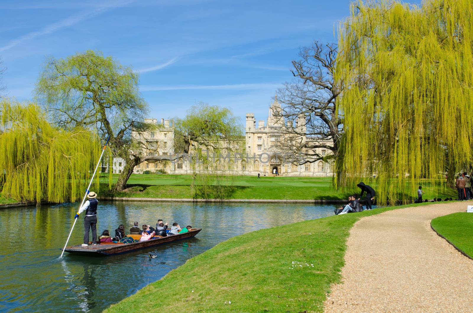 Punting on the back of the Colleges in Cambridge in a sunny day with a view on Saint John College, United Kingdom