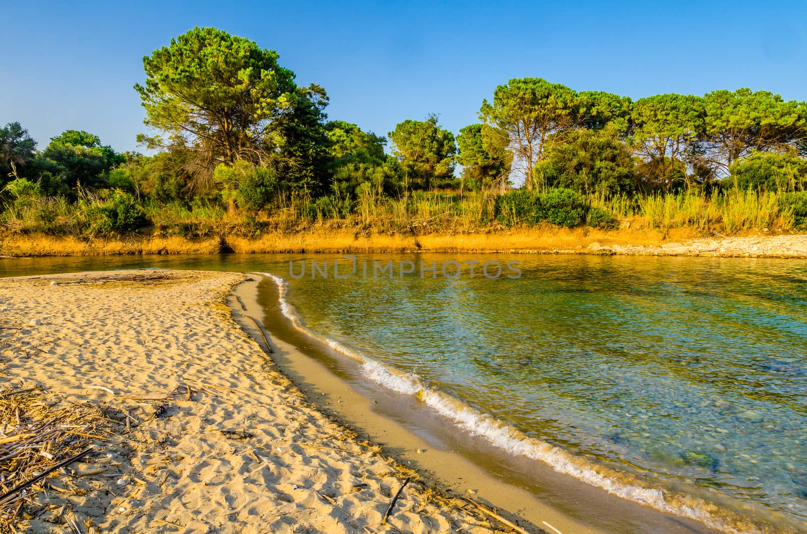 Cassibile river mouth next to Gelsomineto beach just before sunset, Sicily, Italy
