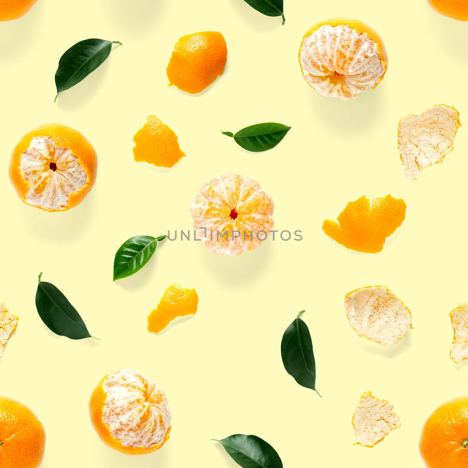 Mandarin seamless pattern, tangerine, clementine isolated on yellow background with green leaves. Collection of fine Mandarine seamless patterns.