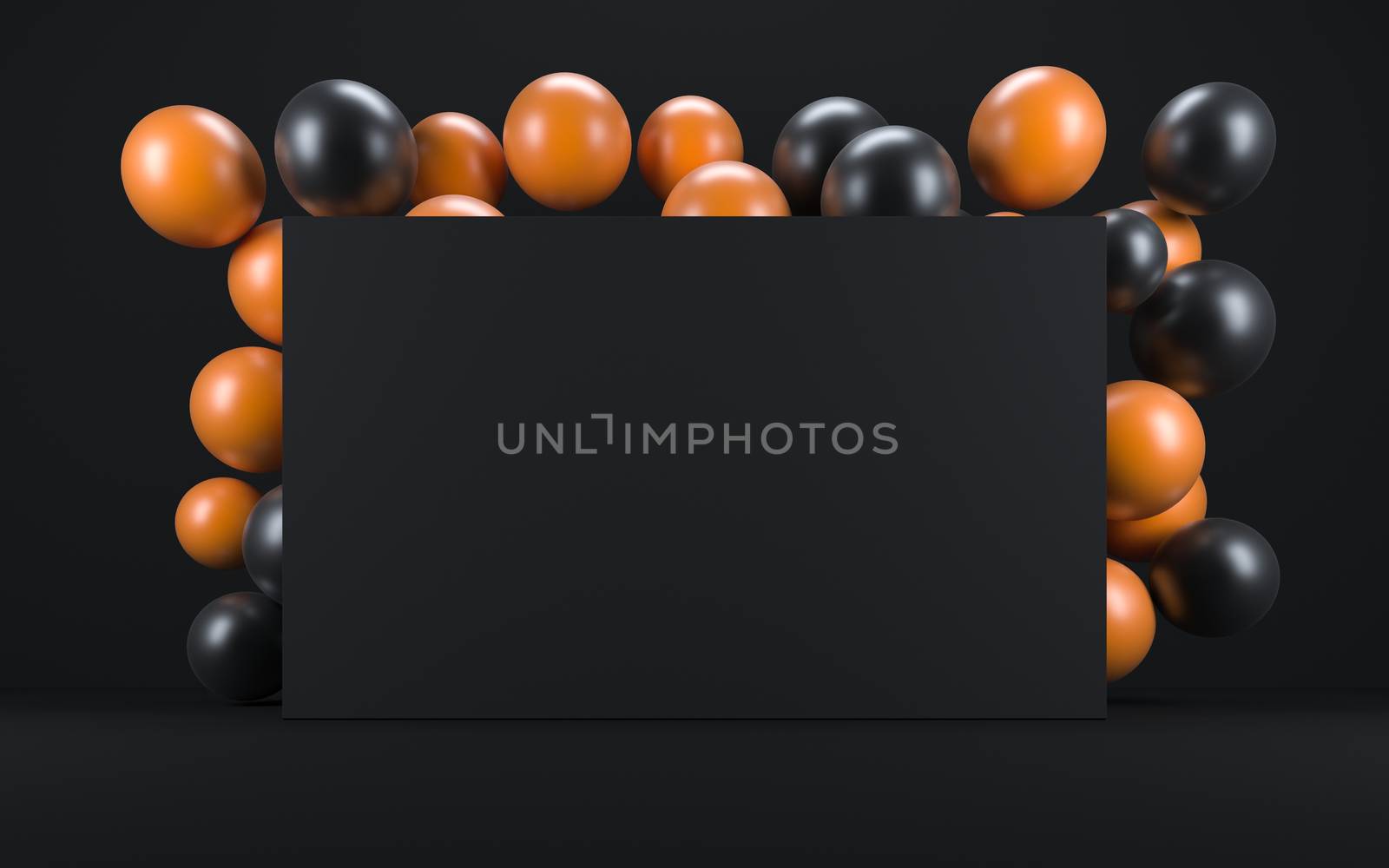 Orange and black balloon in a black interior around a black board. 3d render