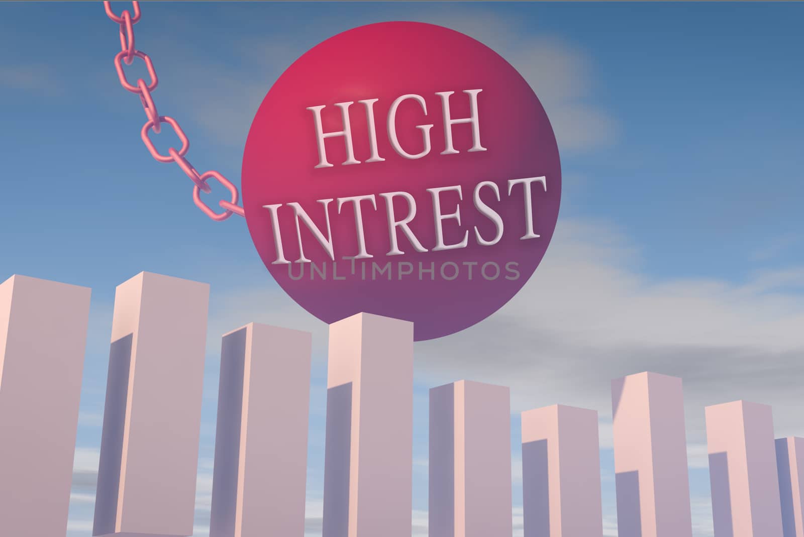 3D render illustration of financial stock market crash risk caused by high interest rate