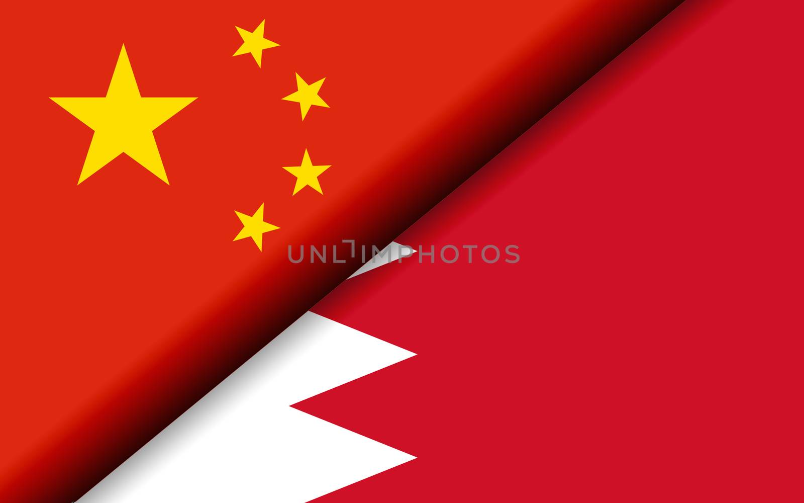 Flags of the China and Bahrain divided diagonally. 3D rendering