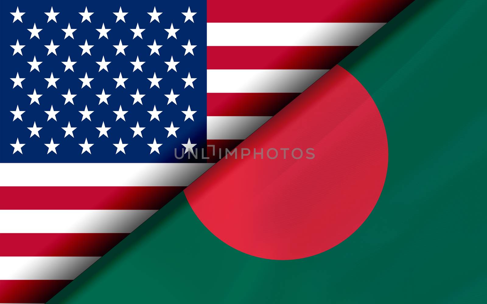 Flags of the USA and Bangladesh divided diagonally. 3D rendering