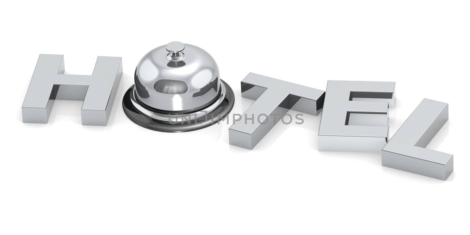 Hotel word with reception bell, 3D rendering