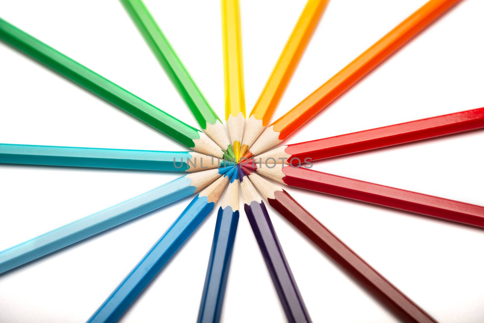 Lot of colorful wooden pencils on a white background