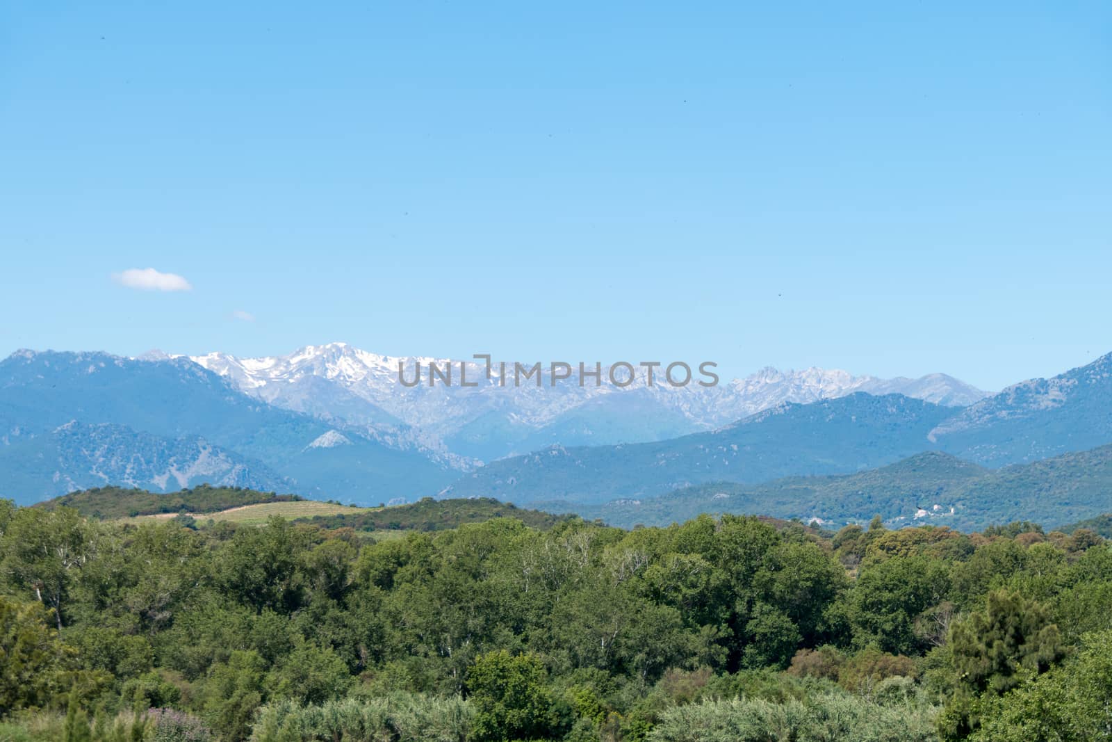 A landscape shot with green forests, mountains and a blue sky