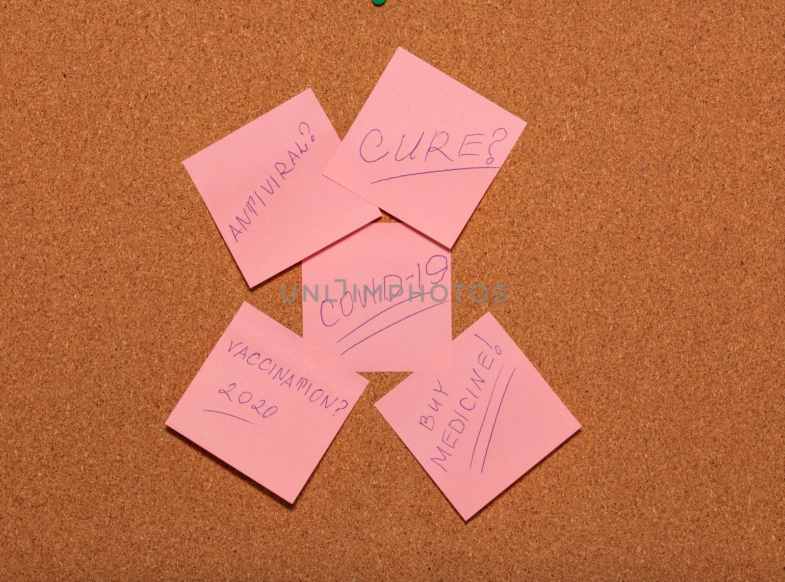 Antiviral?, Cure?, Vaccination 2020?, Buy Medicine! handwritten on four pink stickers around and covering the fifth one with Covid-19 on a cork notice-board. Healthcare and social concepts.