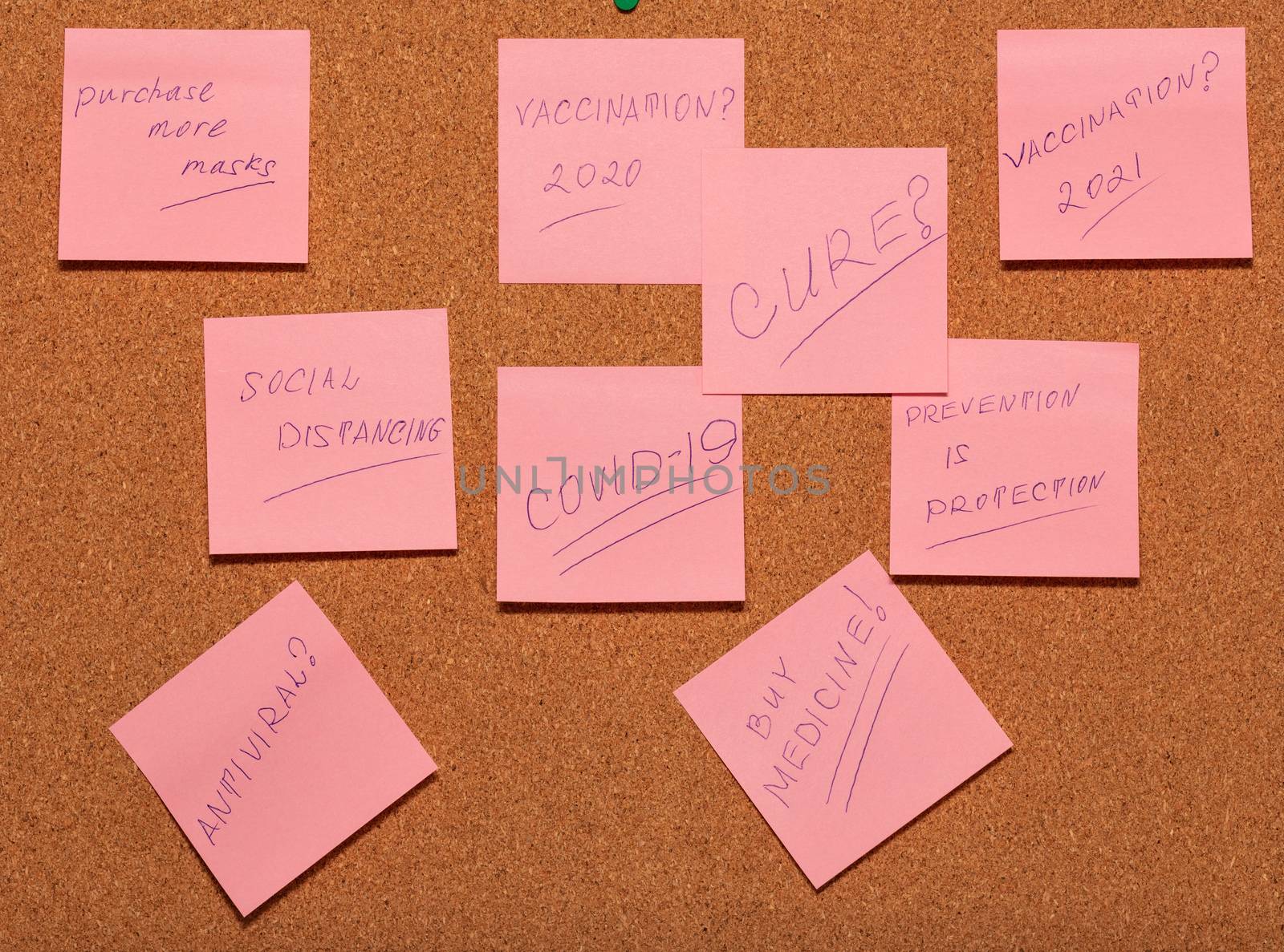 Buy Medicine!, Antiviral?, Vaccination 2021?, Vaccination 2020?, Purchase more masks, Social Distancing, Cure?, Prevention is Protection, Covid-19 words on pink stickers across a cork notice-board by DamantisZ