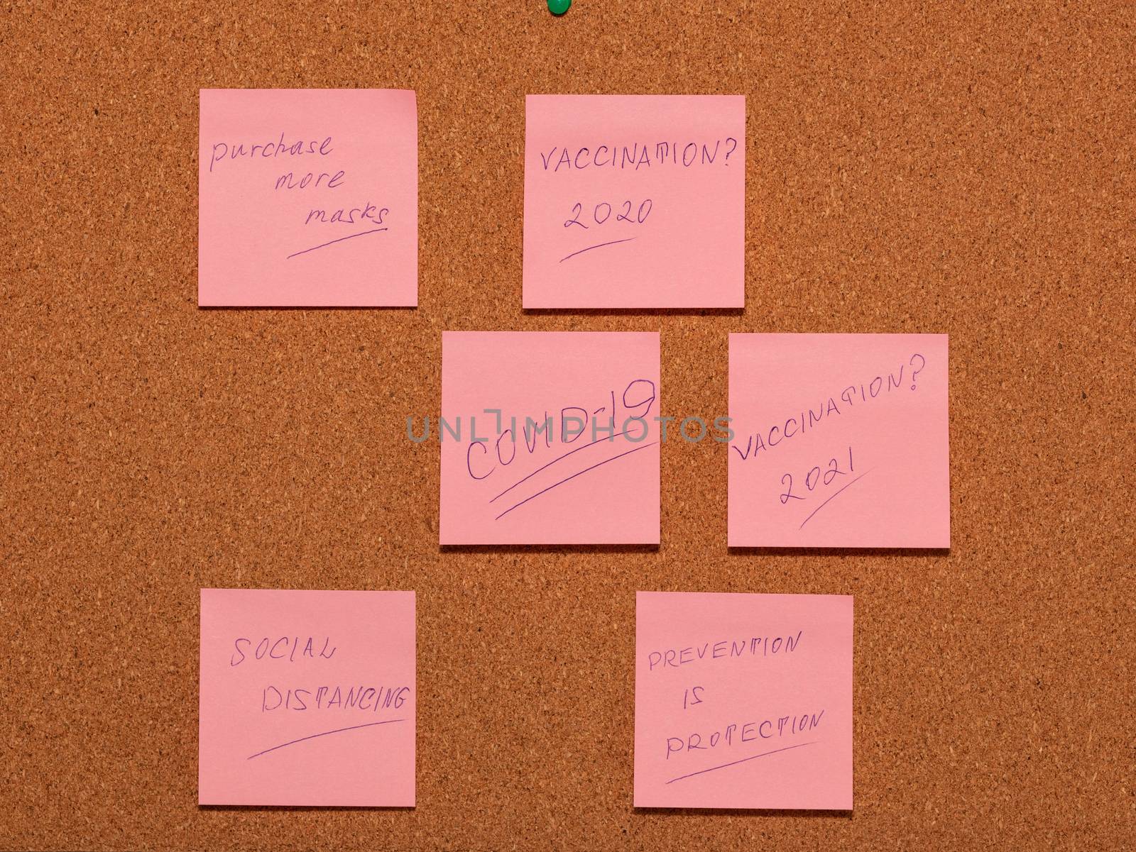 Vaccination 2021?, Vaccination 2020?, Purchase more masks, Social Distancing, Prevention is Protection, Covid-19 words handwritten on six pink stickers across a cork notice-board by DamantisZ