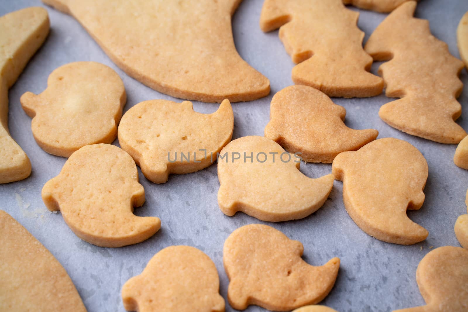 Close up of decorating cute Halloween gingerbread cookies with frosting icing cream topping bag.
