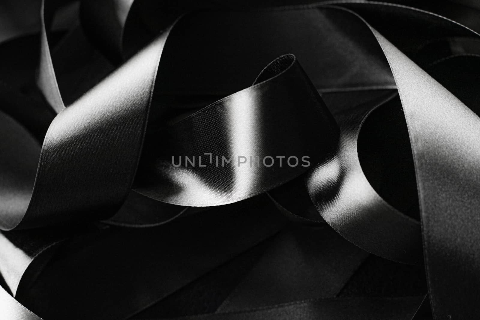 Black and white silk ribbon as background, abstract and luxury brand designs