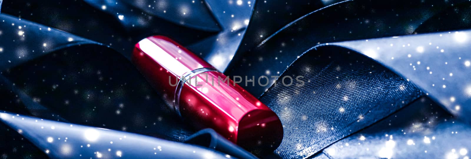 Red lipstick on blue silk and shiny glitter background, luxury m by Anneleven