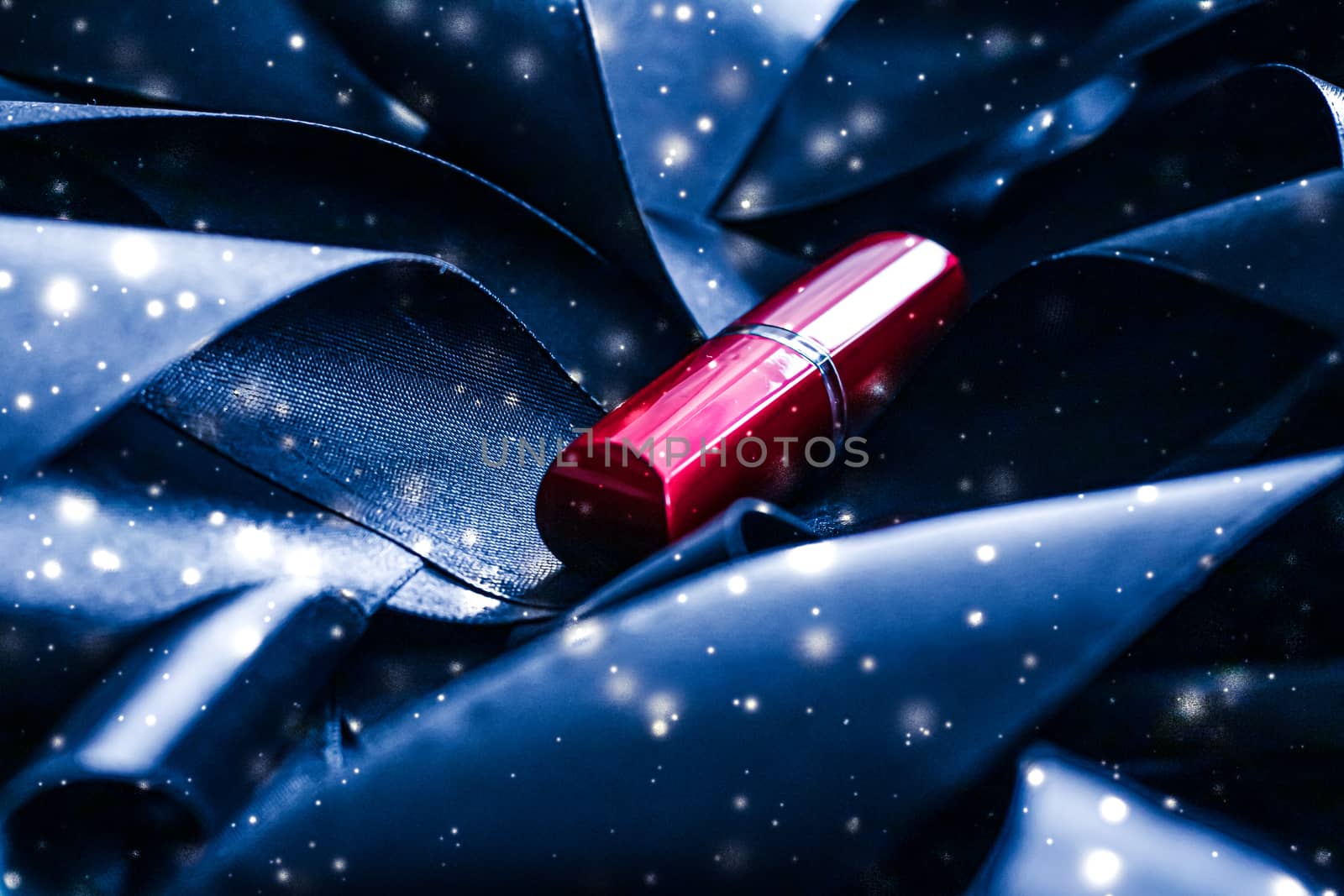 Red lipstick on blue silk and shiny glitter background, luxury m by Anneleven