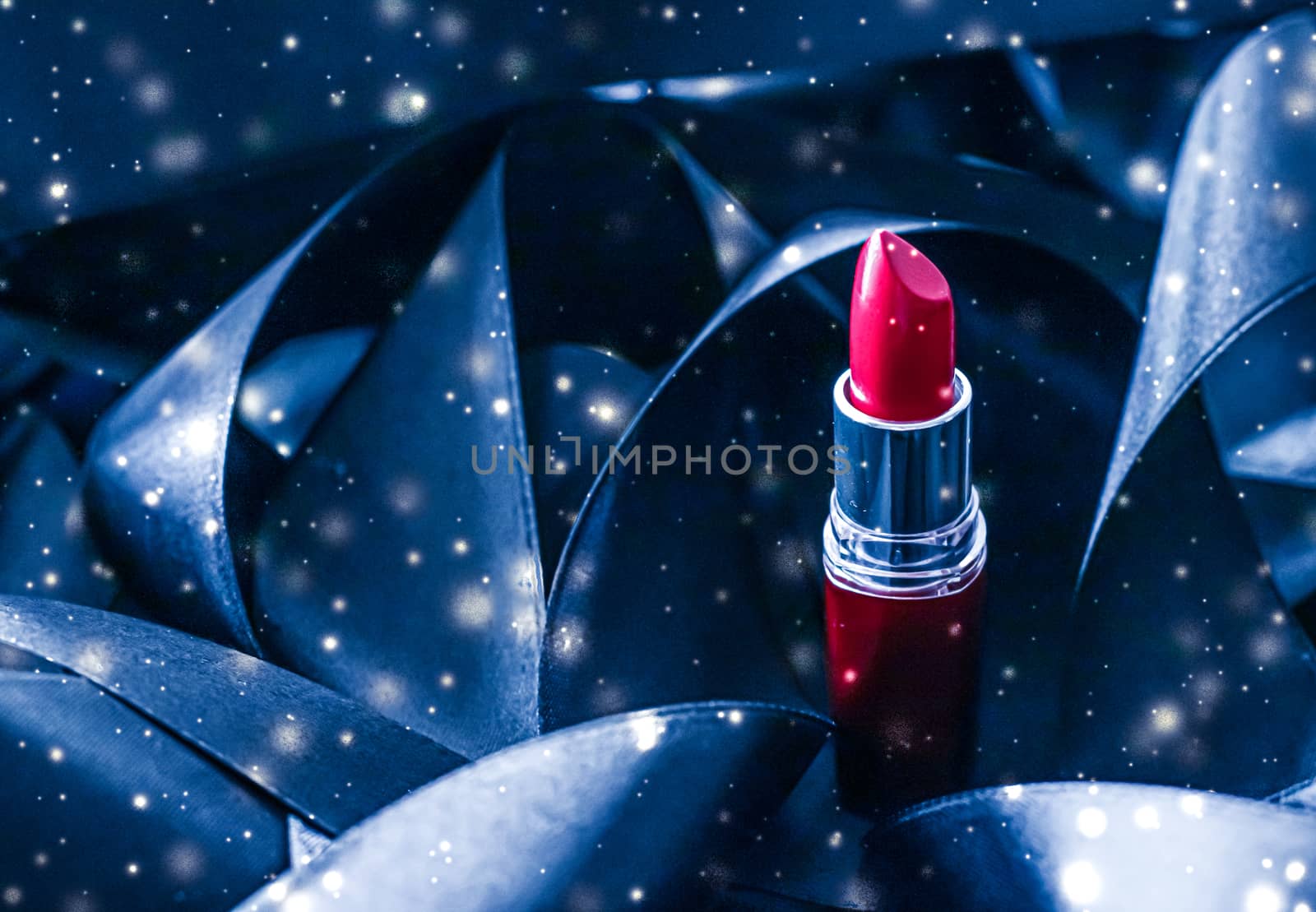 Red lipstick on blue silk and shiny glitter background, luxury m by Anneleven