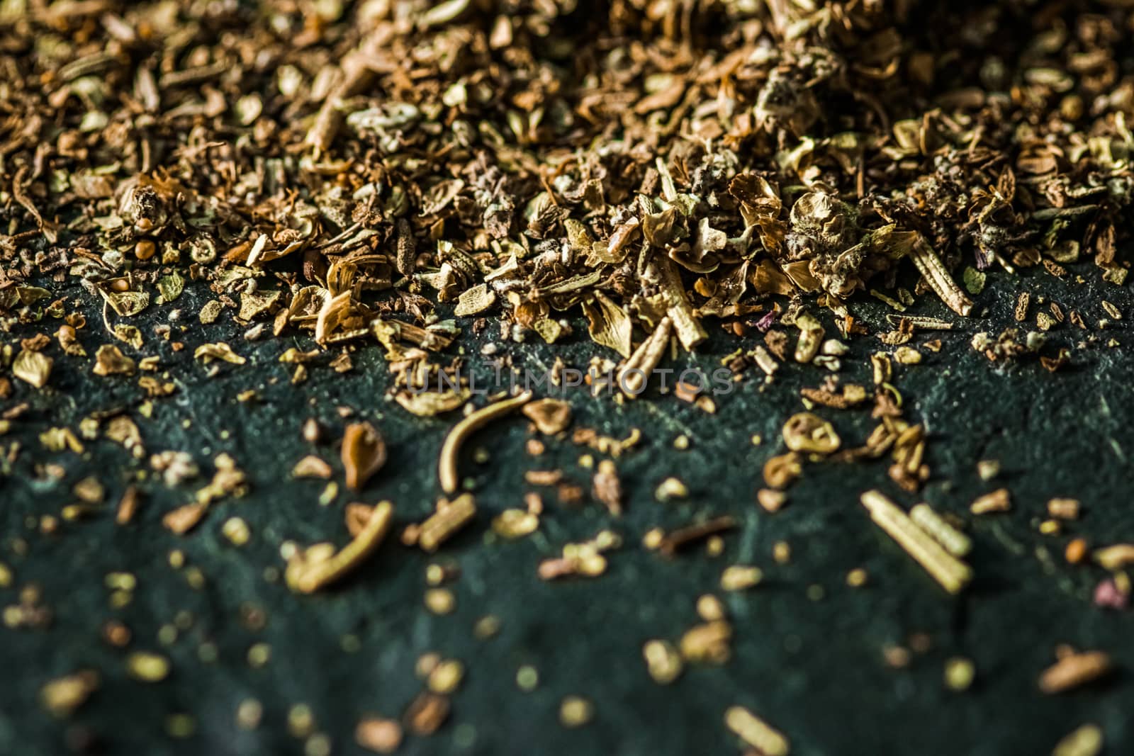 Provencal spices mix closeup on luxury stone background as flat lay, dry food spices and recipe ingredients