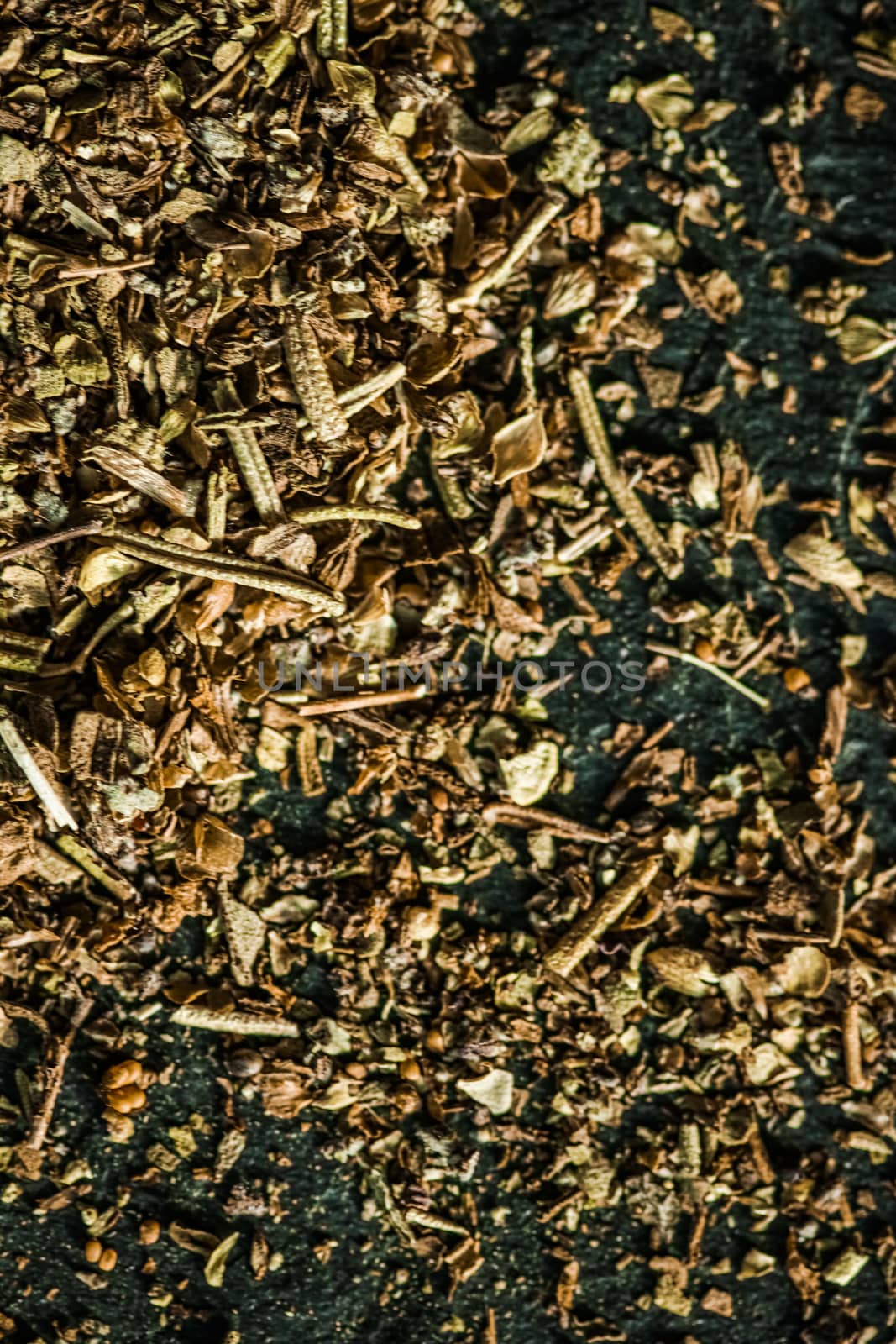 Provencal spices mix closeup on luxury stone background as flat lay, dry food spices and recipe ingredients