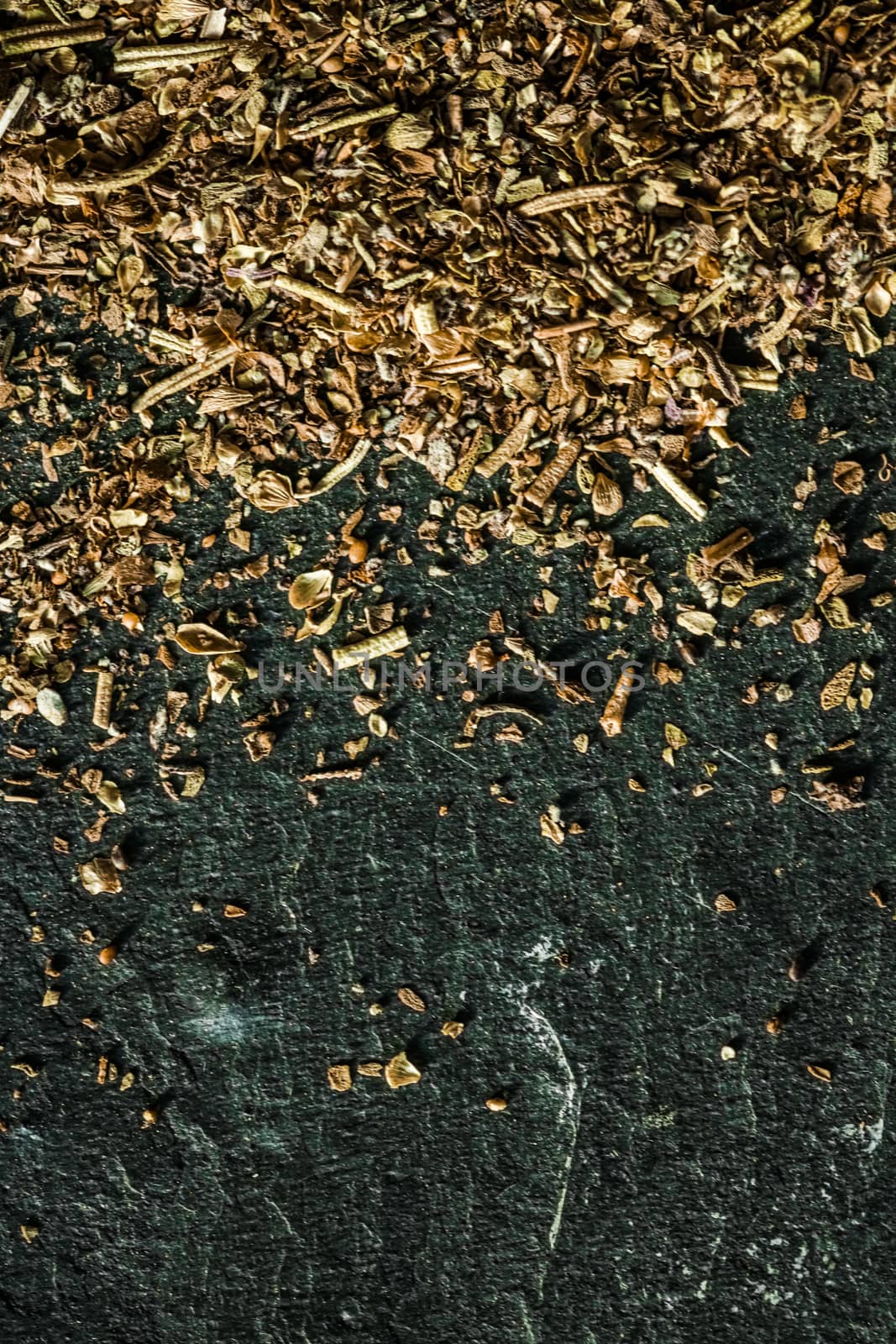 Provencal spices mix closeup on luxury stone background as flat lay, dry food spices and recipe ingredients