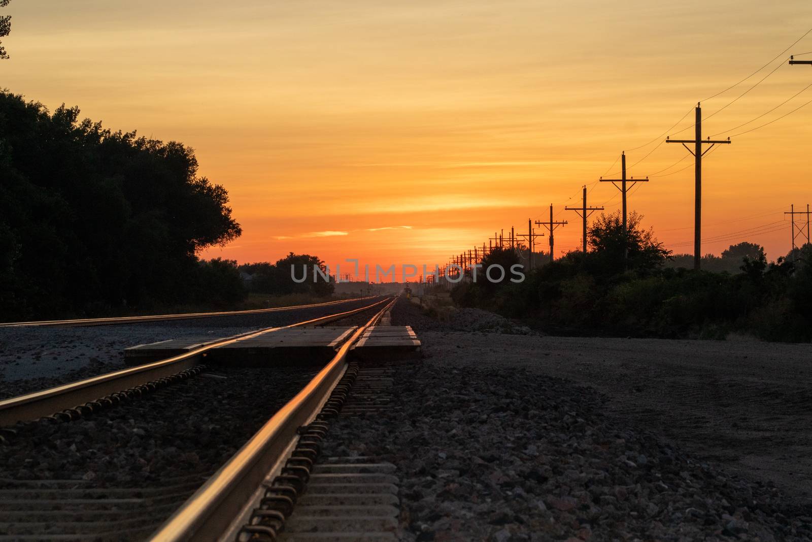 Rail Road crossing and tracks at sunset by gena_wells