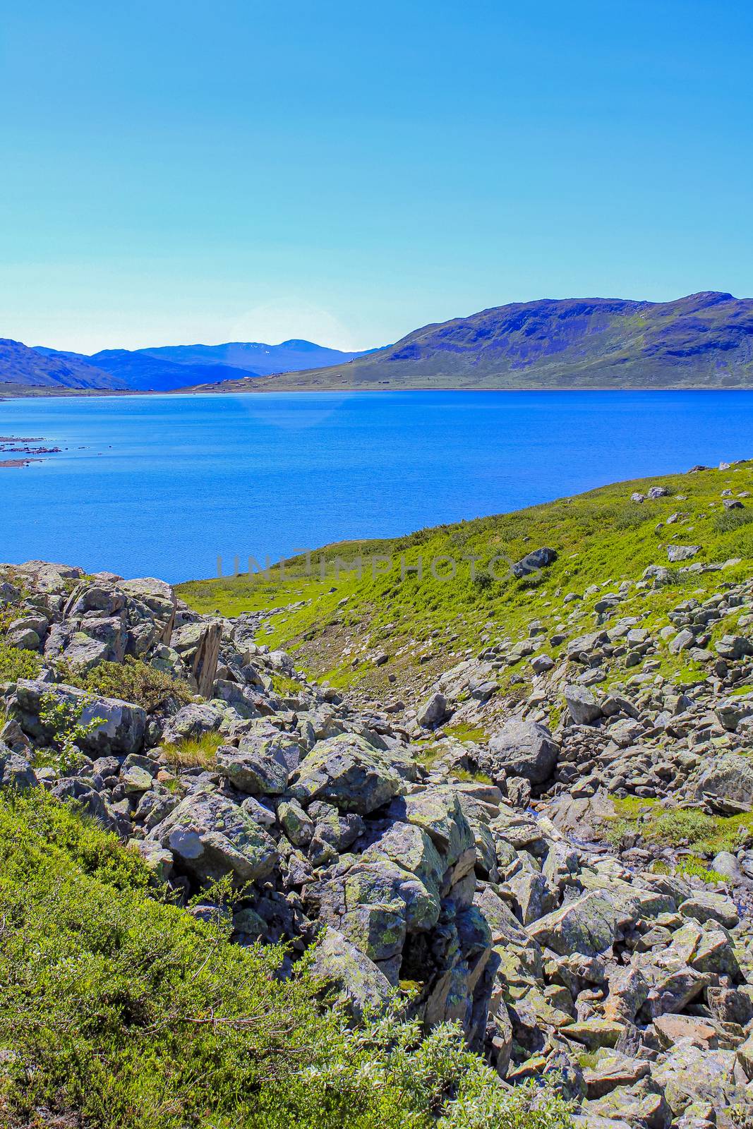 Beautiful Vavatn lake and mountains, summertime in Hemsedal, Norway. by Arkadij