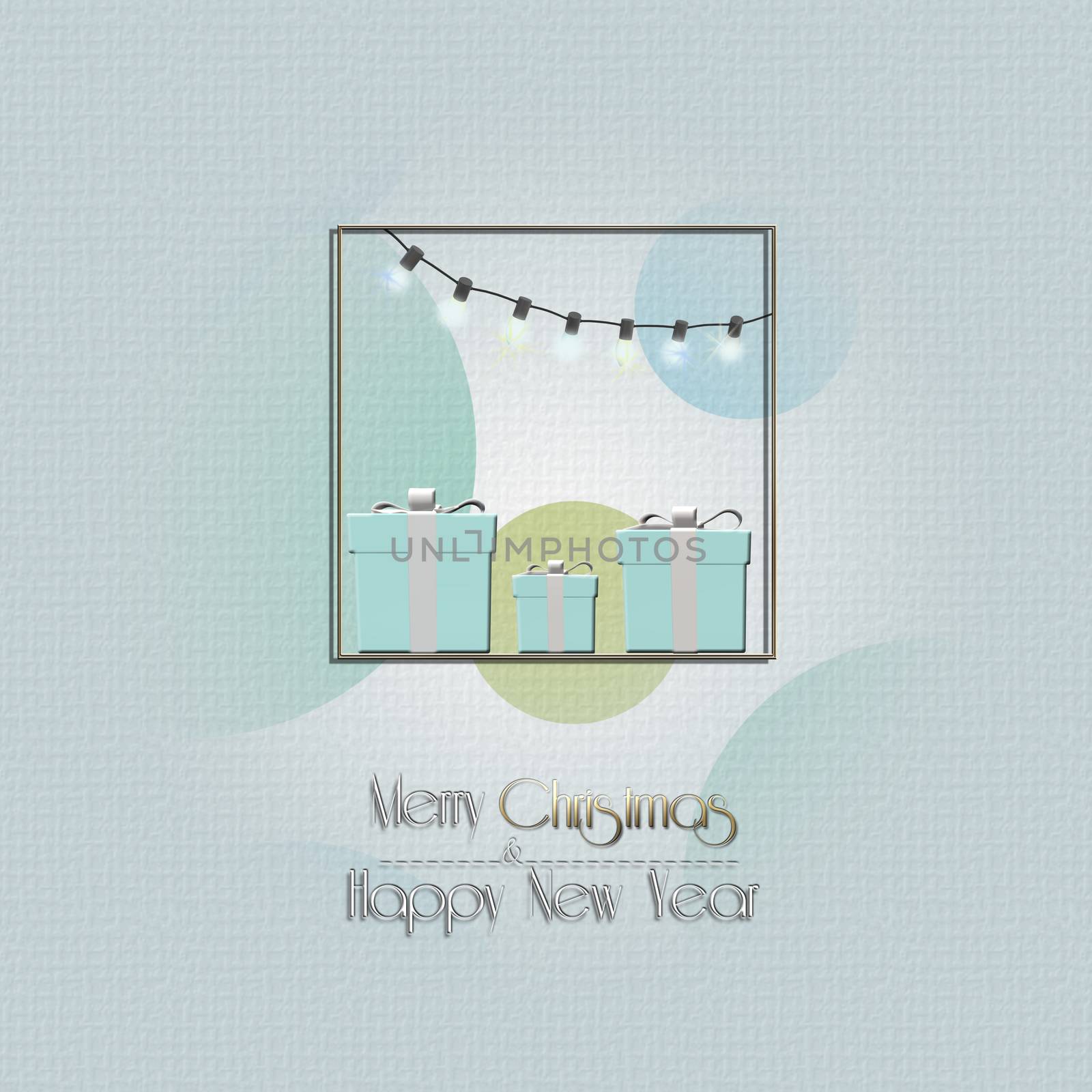 Blue Christmas gift boxes, string of lights in gold frame on pastel background, Text Merry Christmas Happy New Year 3D illustration