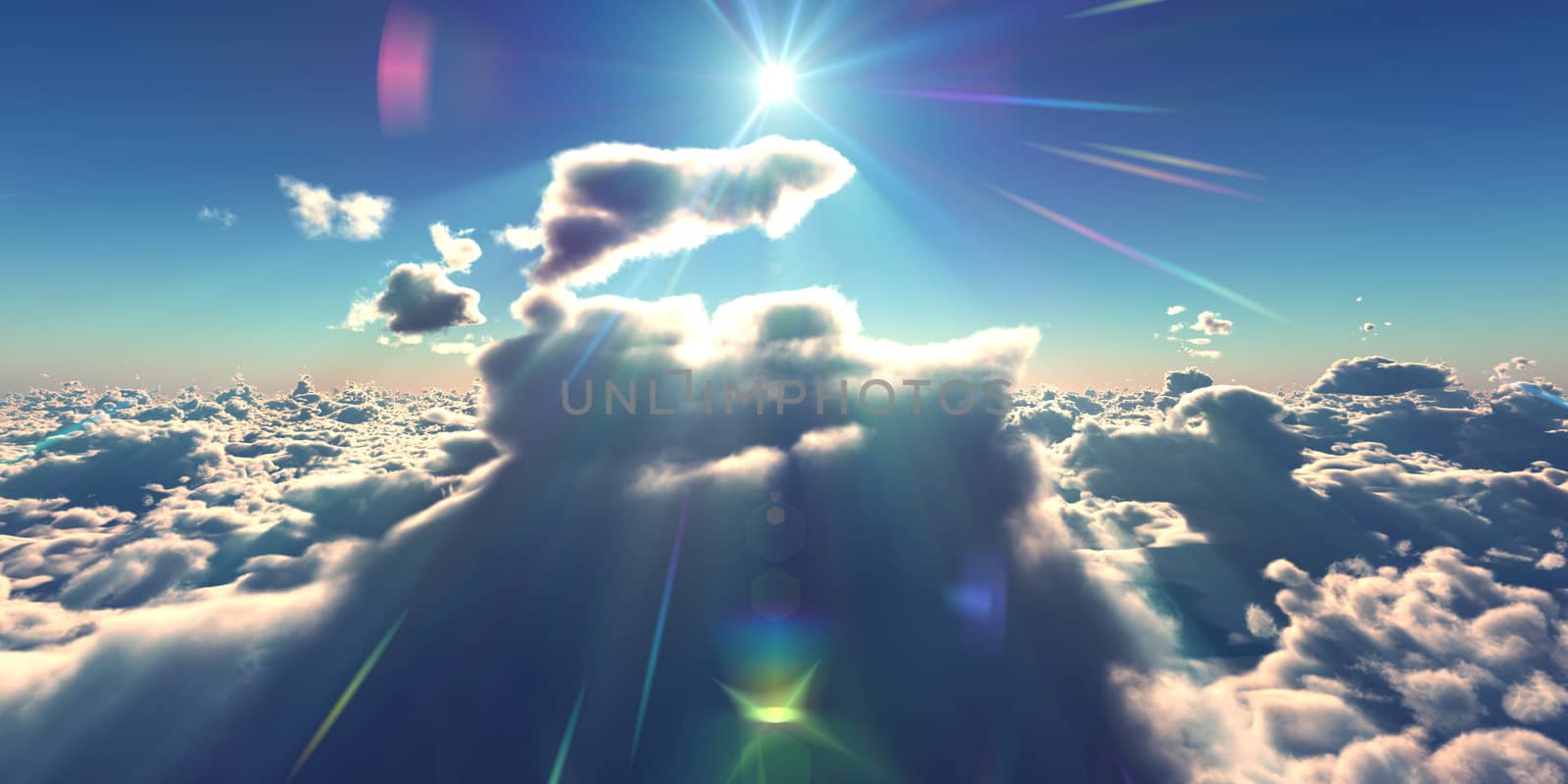 fly above clouds sunset landscape, 3d render illustration