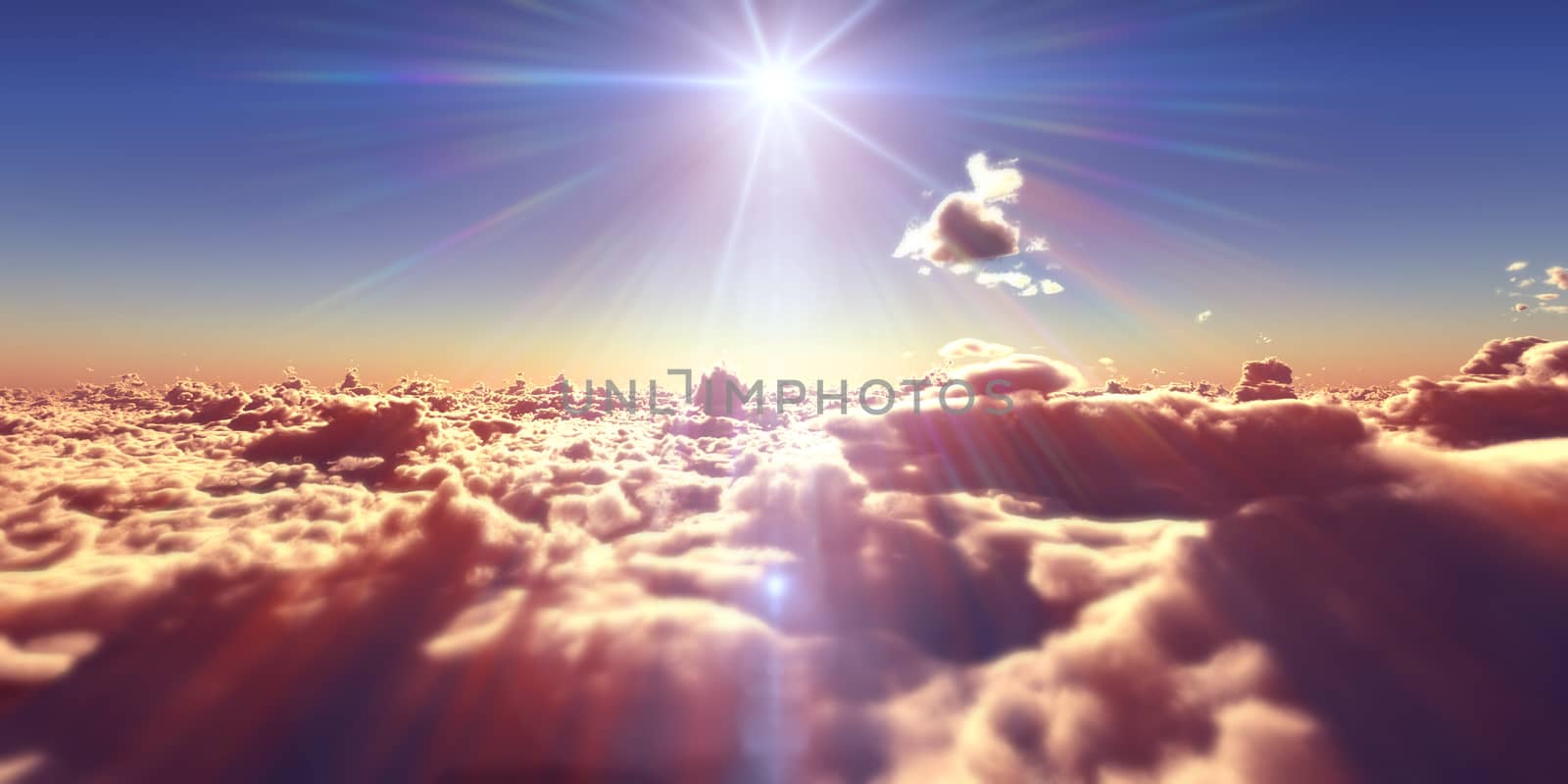 fly above clouds sunset landscape, 3d render illustration