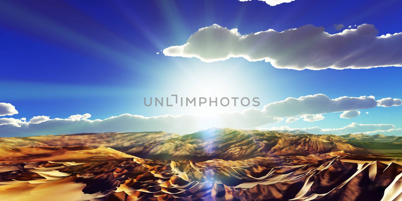 Dunes sunset over the desert. 3d rendering by alex_nako