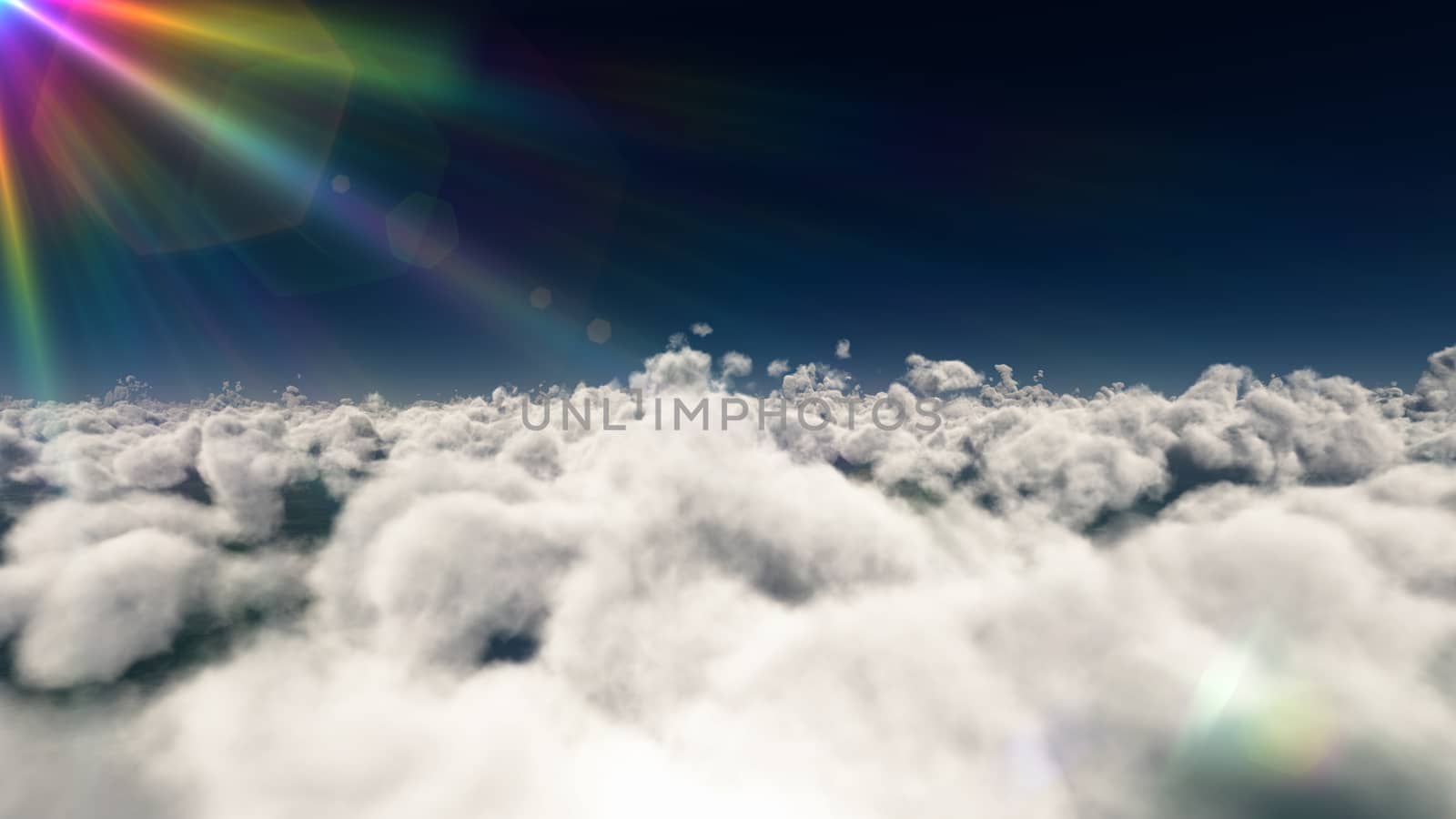 fly above big clouds, sun ray, 3d illustration render