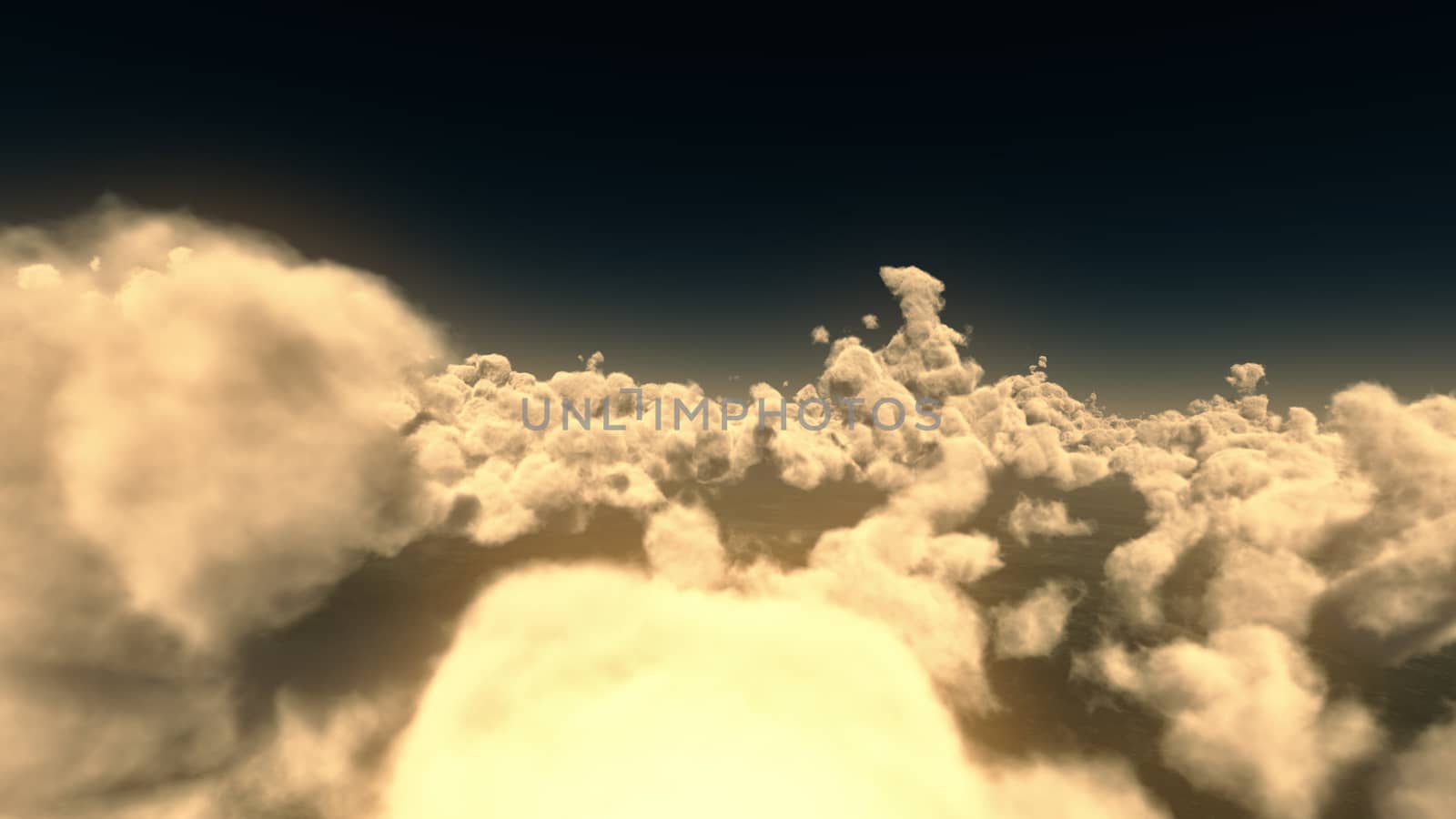 fly above big clouds, sun ray, 3d illustration render