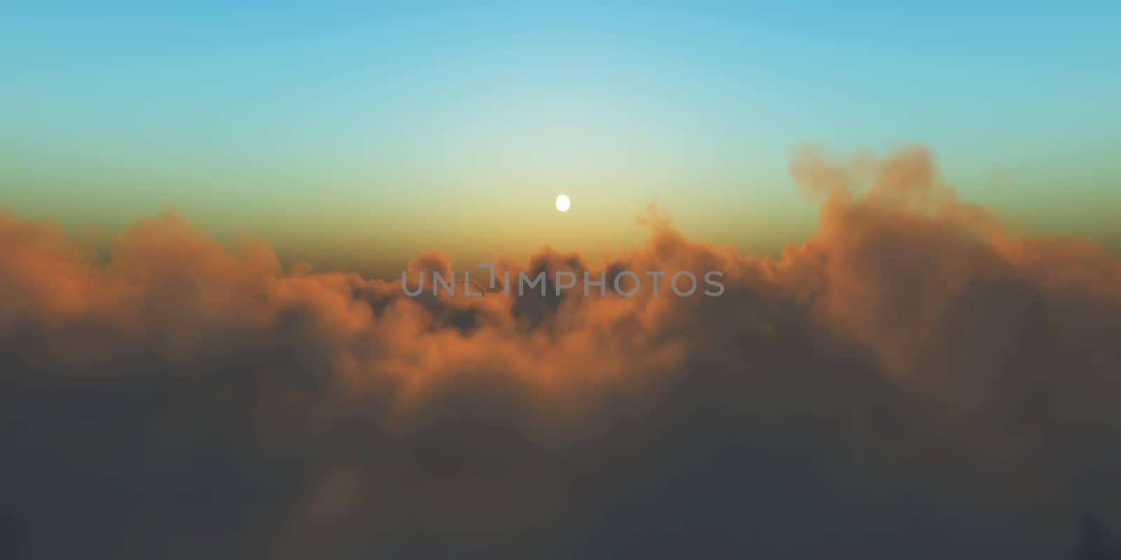 Beautiful aerial view above clouds with sunset. 3d illustration by alex_nako