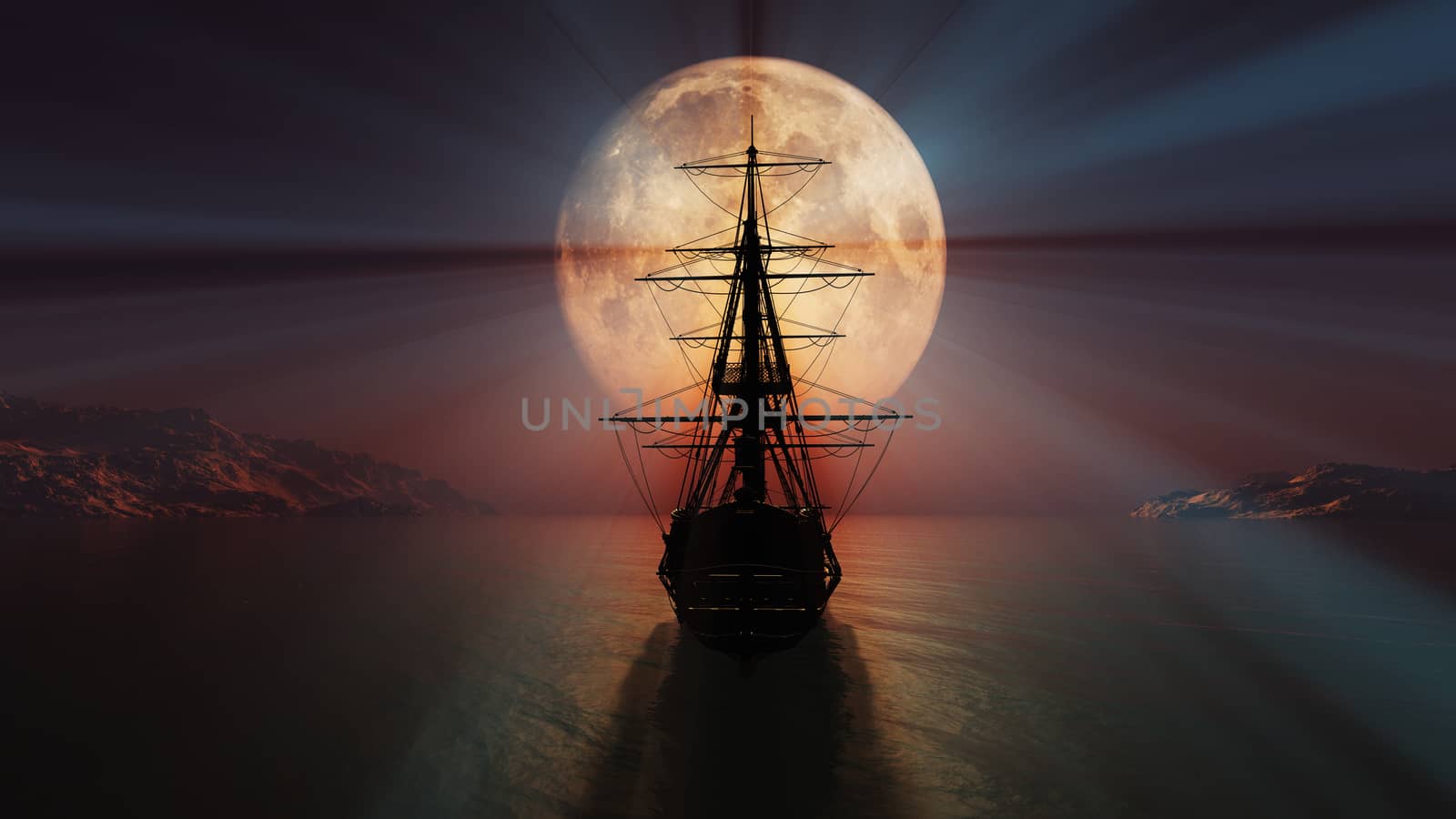 old ship in the night full moon 3d render illustration